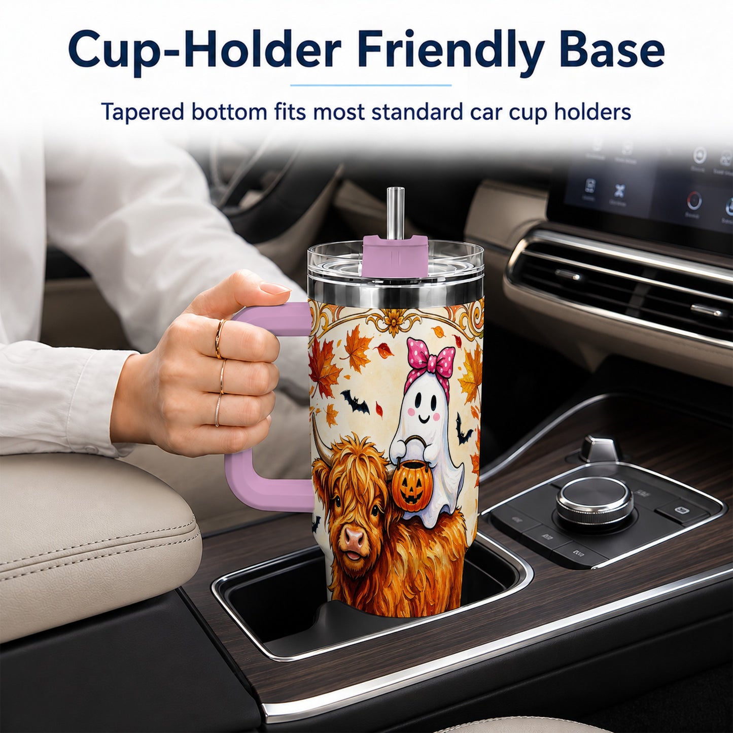 #pl[40oz|Pink] Highland Cow Ghost 40oz Tumbler with Handle, Pumpkin Travel Cup