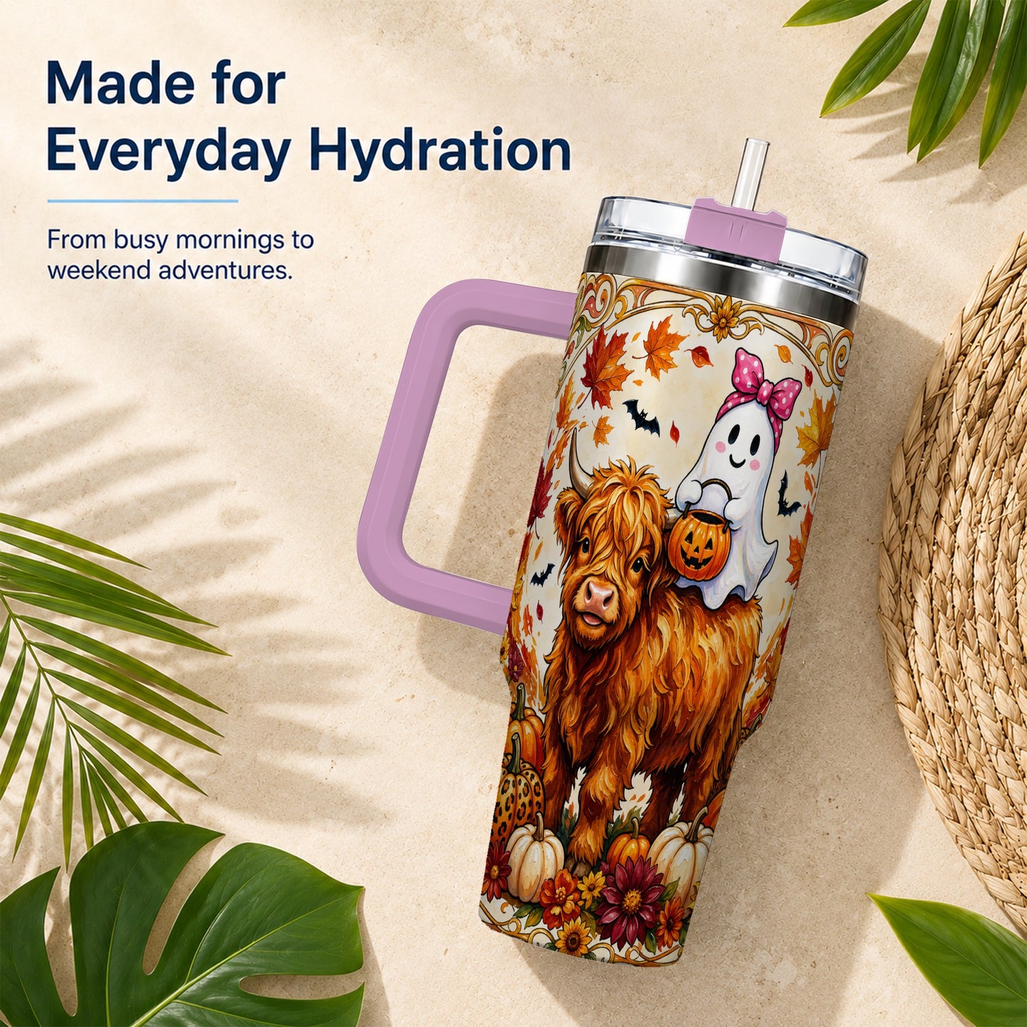 #pl[40oz|Pink] Highland Cow Ghost 40oz Tumbler with Handle, Pumpkin Travel Cup