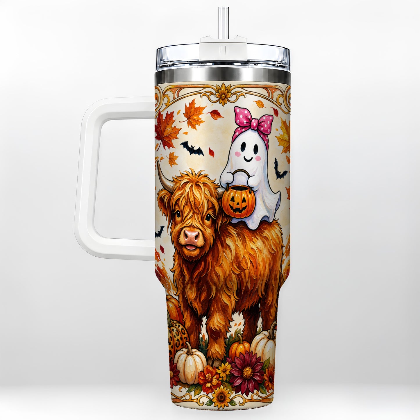 #pl[40oz|White] Highland Cow Ghost 40oz Tumbler with Handle, Pumpkin Travel Cup