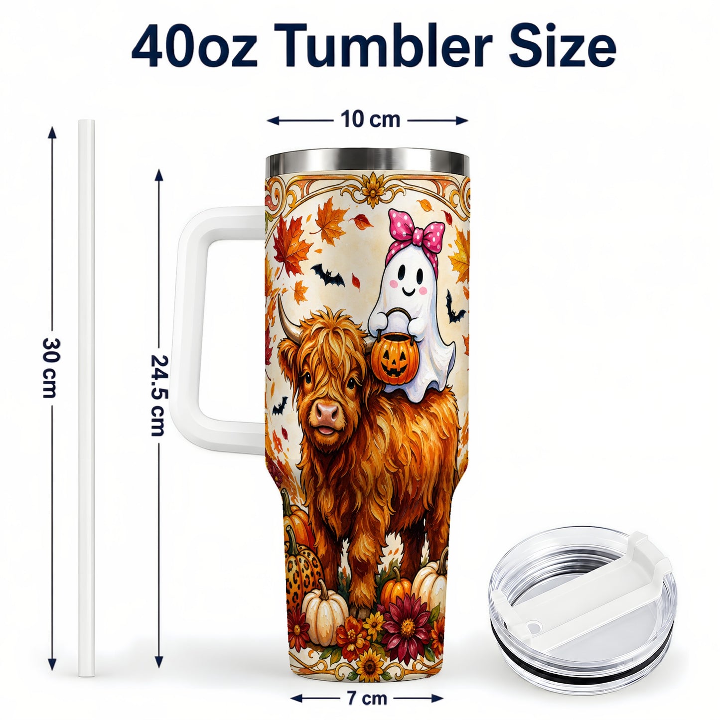#pl[40oz|White] Highland Cow Ghost 40oz Tumbler with Handle, Pumpkin Travel Cup