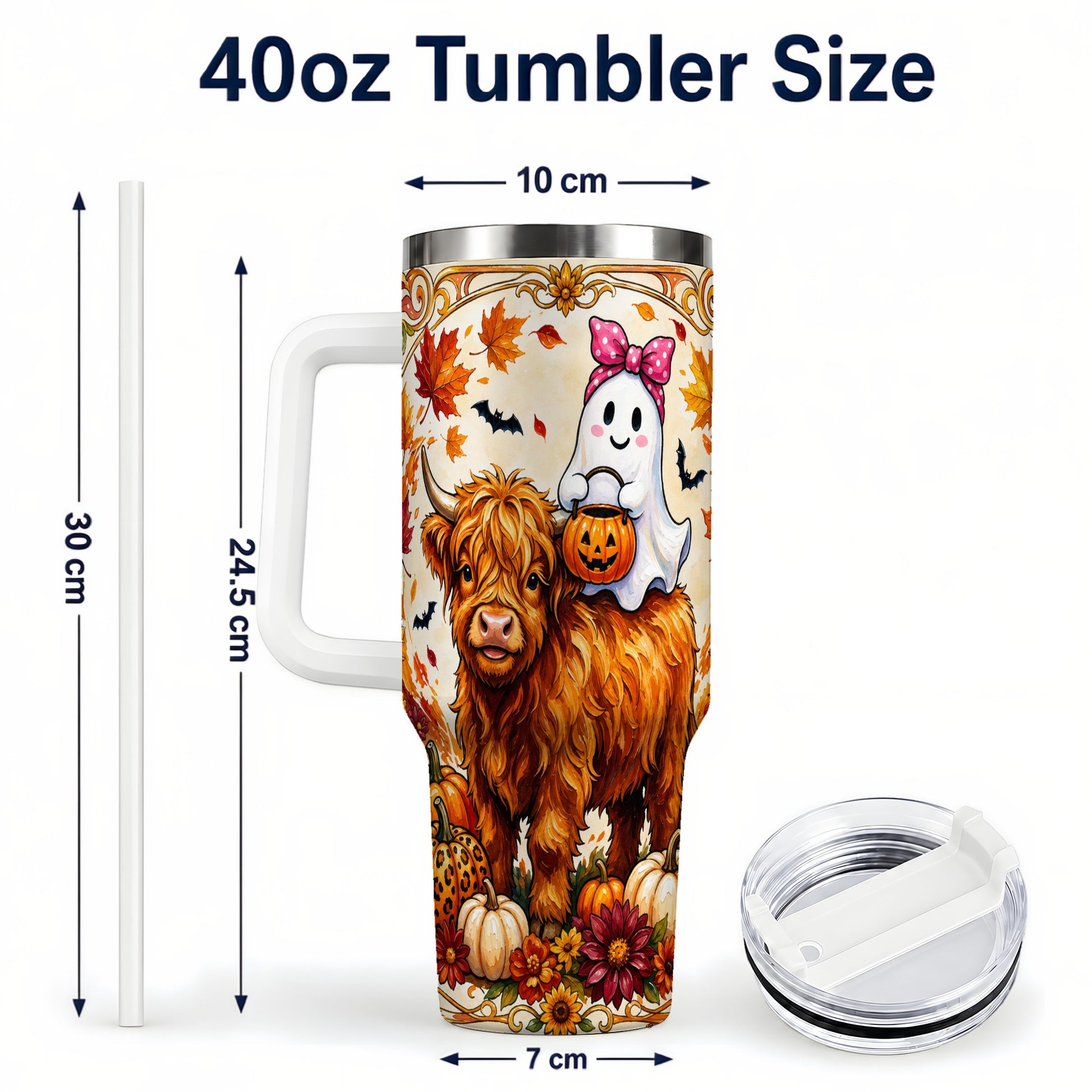 #pl[40oz|White] Highland Cow Ghost 40oz Tumbler with Handle, Pumpkin Travel Cup