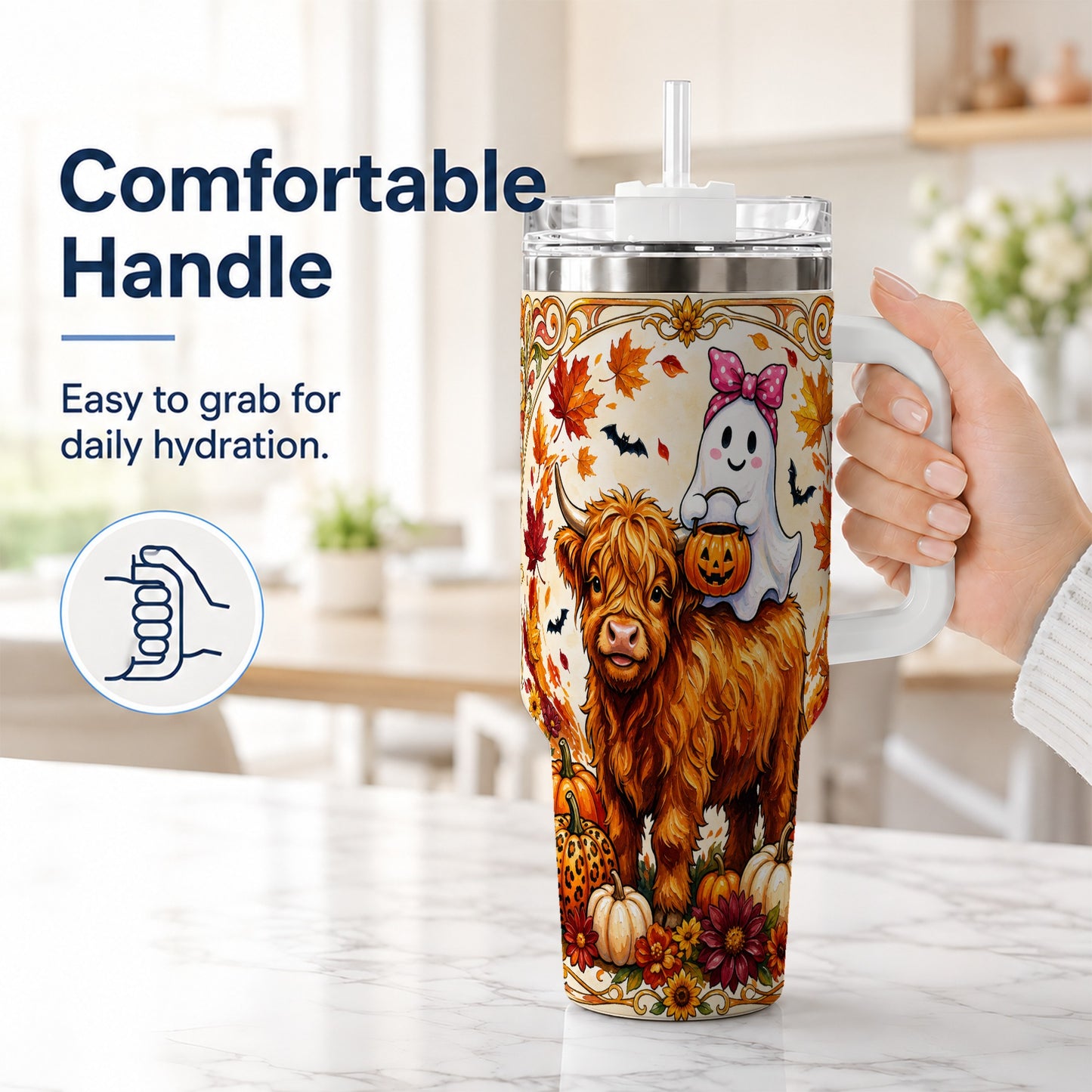 #pl[40oz|White] Highland Cow Ghost 40oz Tumbler with Handle, Pumpkin Travel Cup
