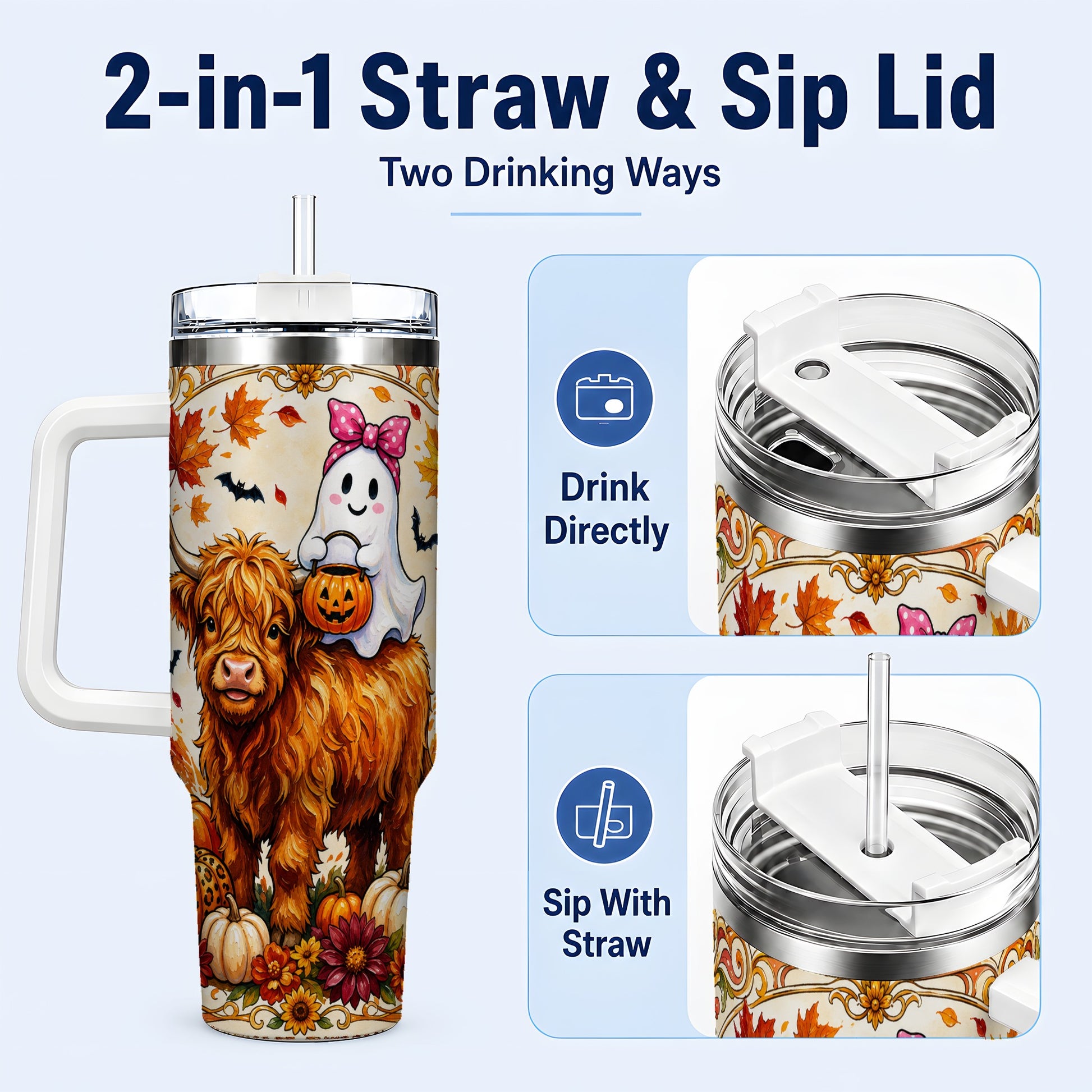 #pl[40oz|White] Highland Cow Ghost 40oz Tumbler with Handle, Pumpkin Travel Cup
