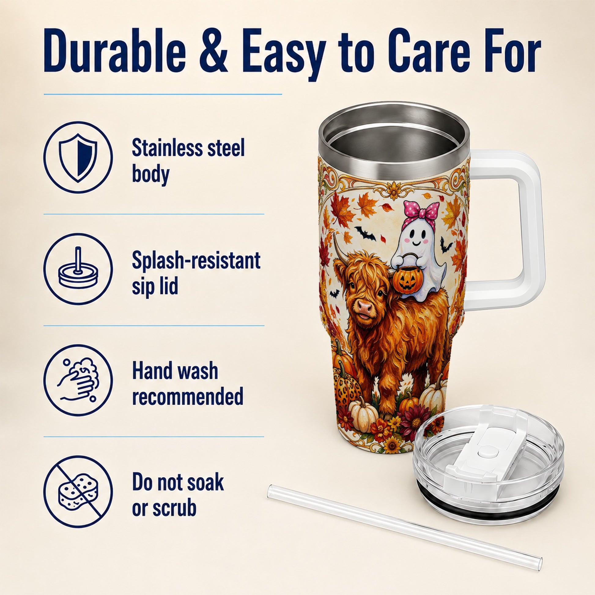 #pl[40oz|White] Highland Cow Ghost 40oz Tumbler with Handle, Pumpkin Travel Cup