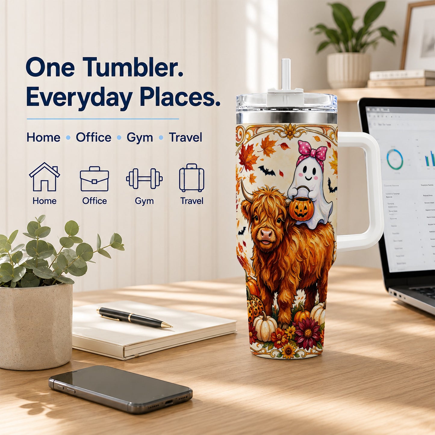 #pl[40oz|White] Highland Cow Ghost 40oz Tumbler with Handle, Pumpkin Travel Cup
