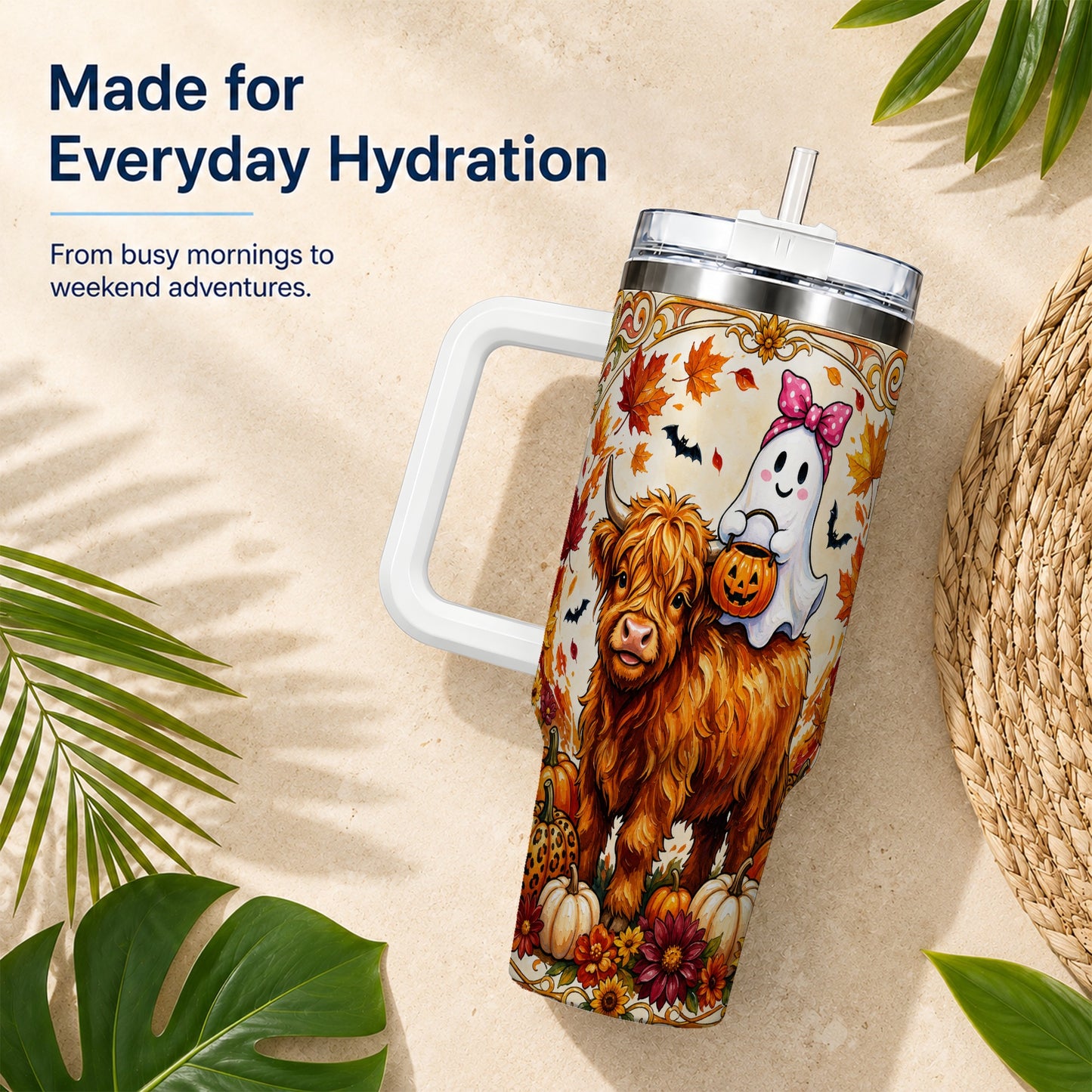 #pl[40oz|White] Highland Cow Ghost 40oz Tumbler with Handle, Pumpkin Travel Cup