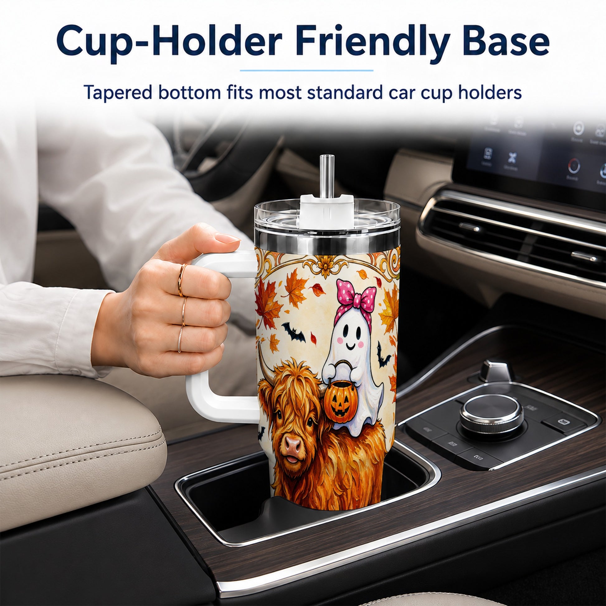 #pl[40oz|White] Highland Cow Ghost 40oz Tumbler with Handle, Pumpkin Travel Cup