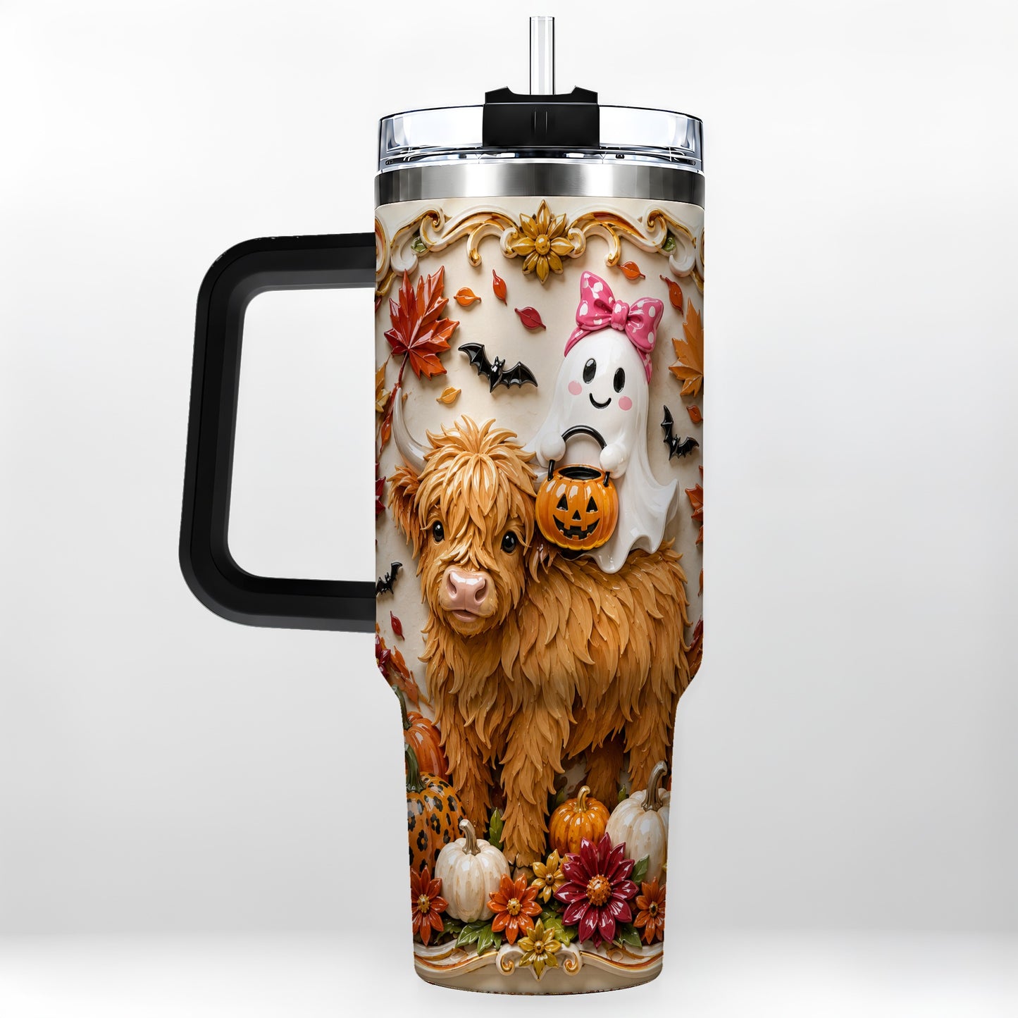#pl[40oz|Black] Highland Cow Ghost 40oz Tumbler with Handle, Autumn Pumpkin Travel Cup