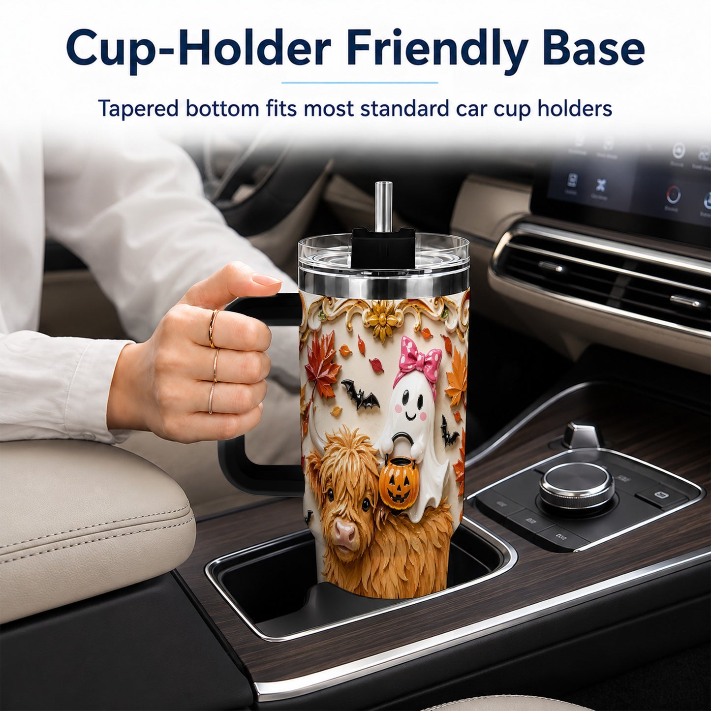 #pl[40oz|Black] Highland Cow Ghost 40oz Tumbler with Handle, Autumn Pumpkin Travel Cup