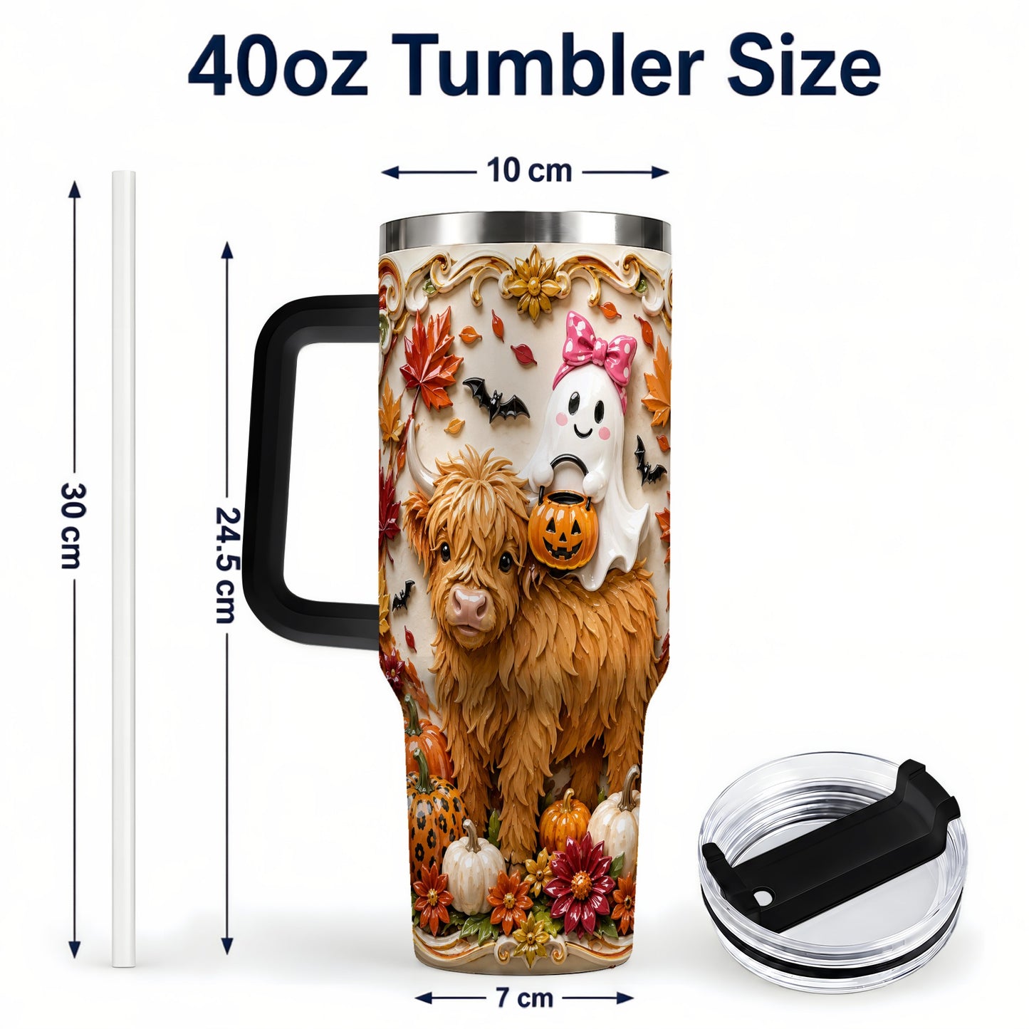 #pl[40oz|Black] Highland Cow Ghost 40oz Tumbler with Handle, Autumn Pumpkin Travel Cup