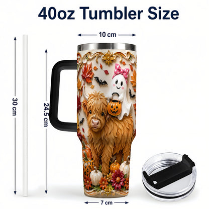 #pl[40oz|Black] Highland Cow Ghost 40oz Tumbler with Handle, Autumn Pumpkin Travel Cup