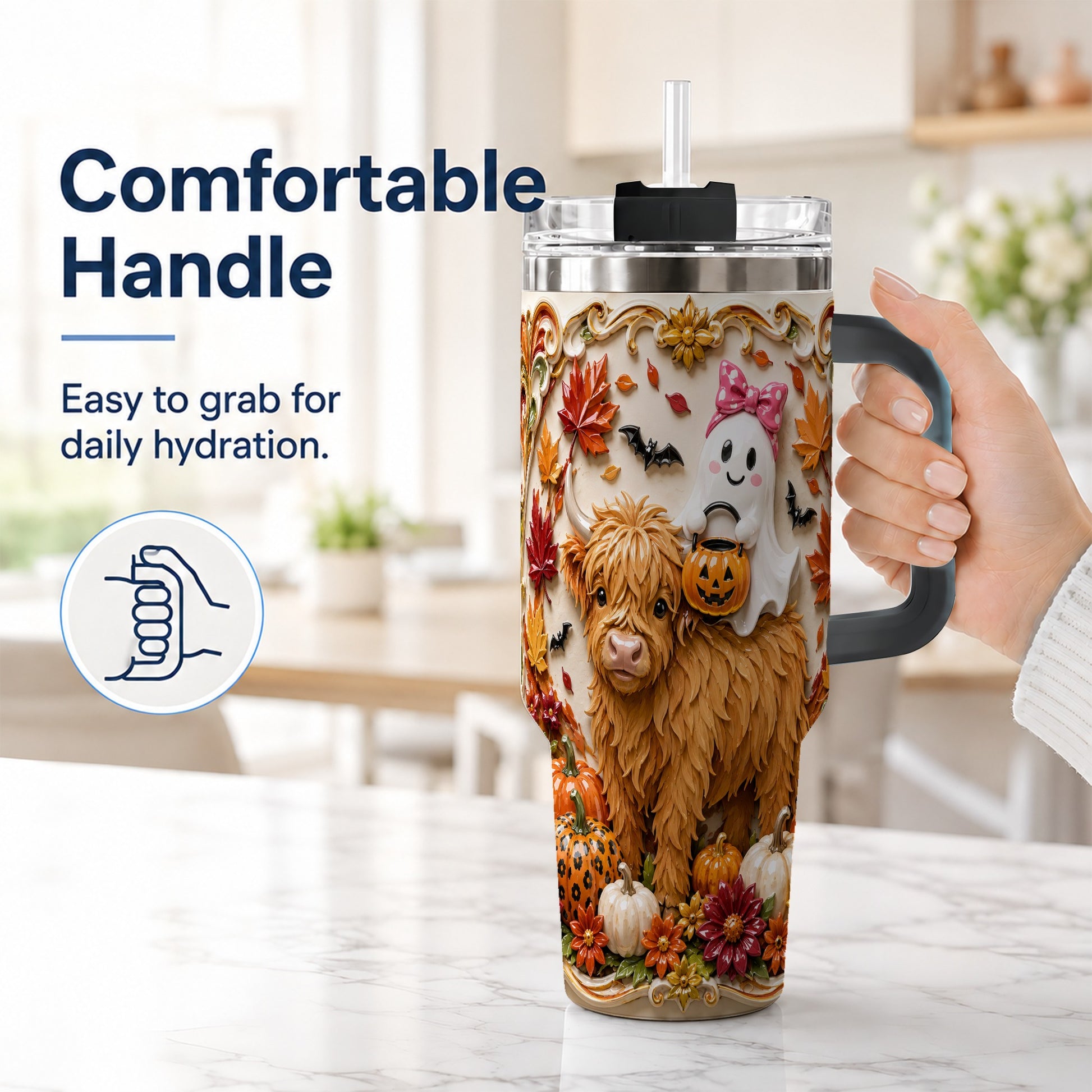 #pl[40oz|Black] Highland Cow Ghost 40oz Tumbler with Handle, Autumn Pumpkin Travel Cup