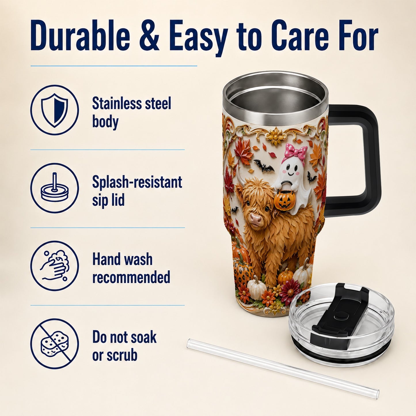 #pl[40oz|Black] Highland Cow Ghost 40oz Tumbler with Handle, Autumn Pumpkin Travel Cup