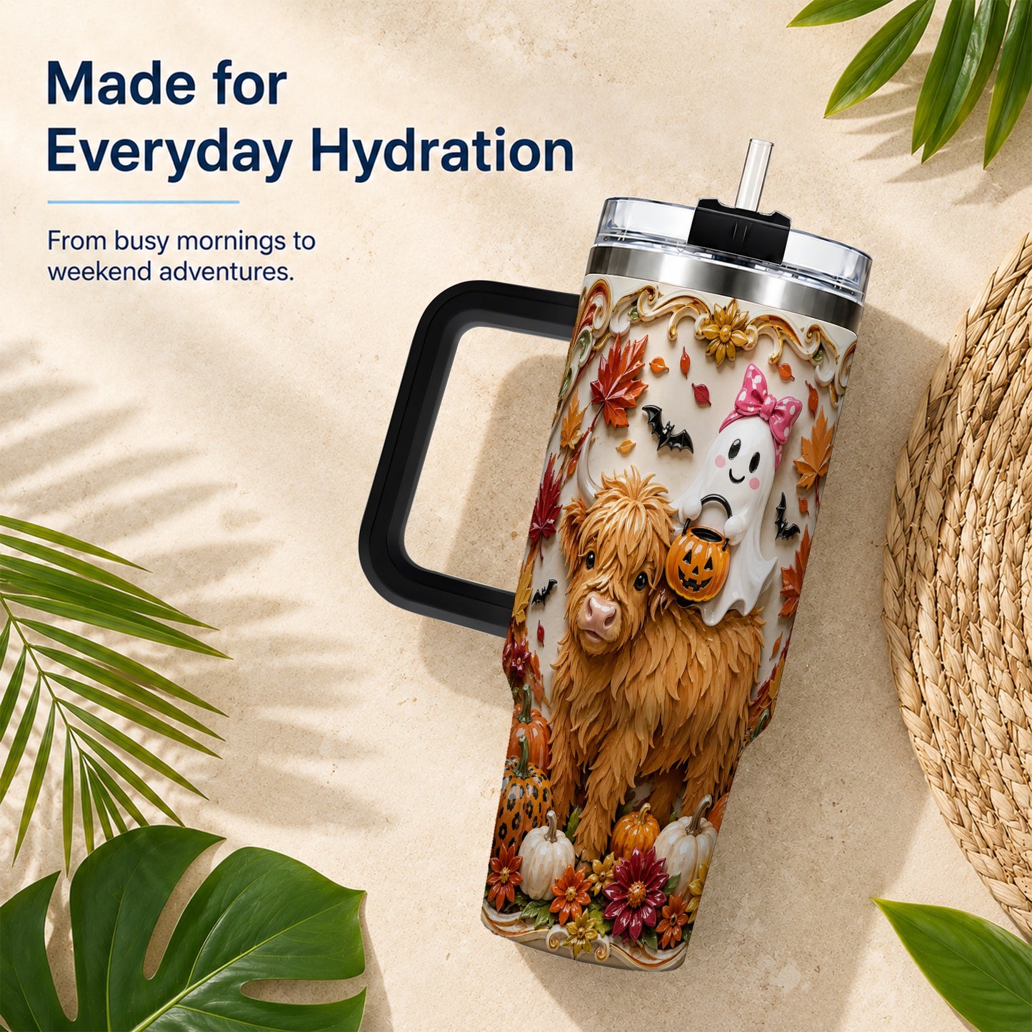 #pl[40oz|Black] Highland Cow Ghost 40oz Tumbler with Handle, Autumn Pumpkin Travel Cup