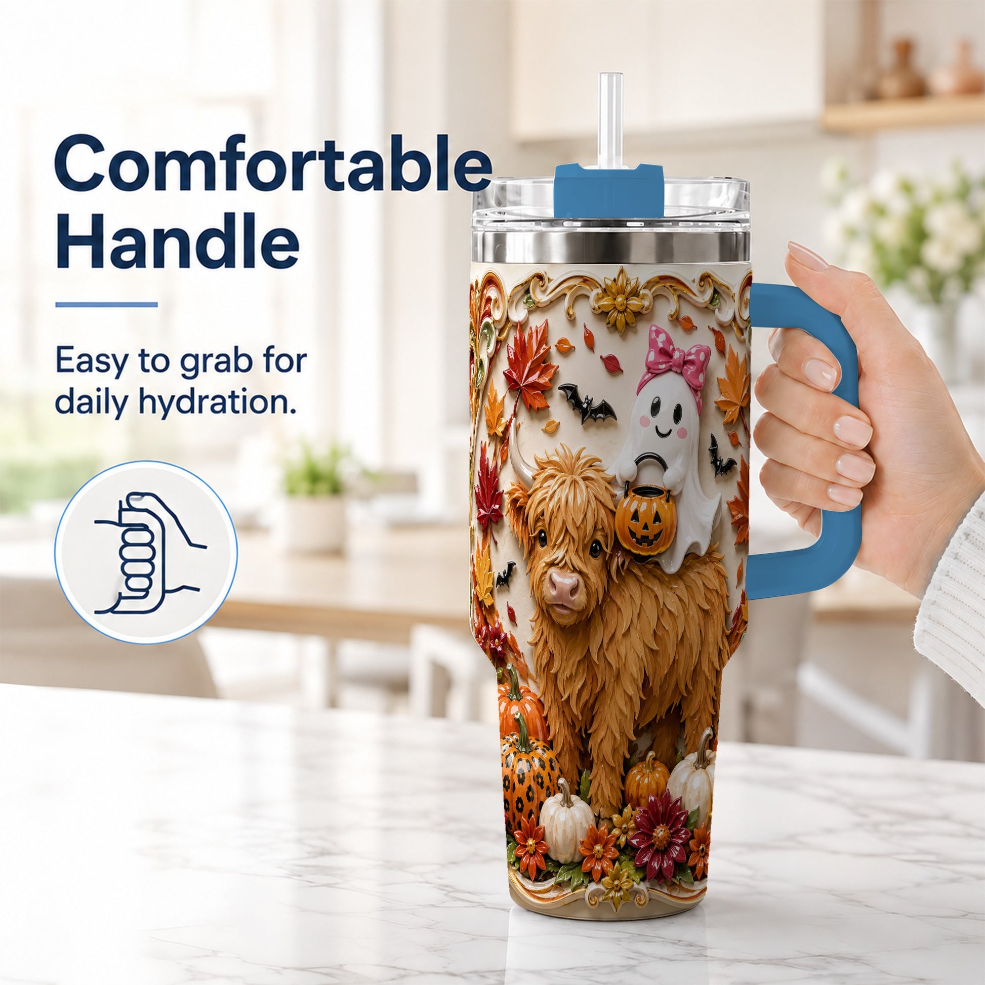 #pl[40oz|Blue] Highland Cow Ghost 40oz Tumbler with Handle, Autumn Pumpkin Travel Cup