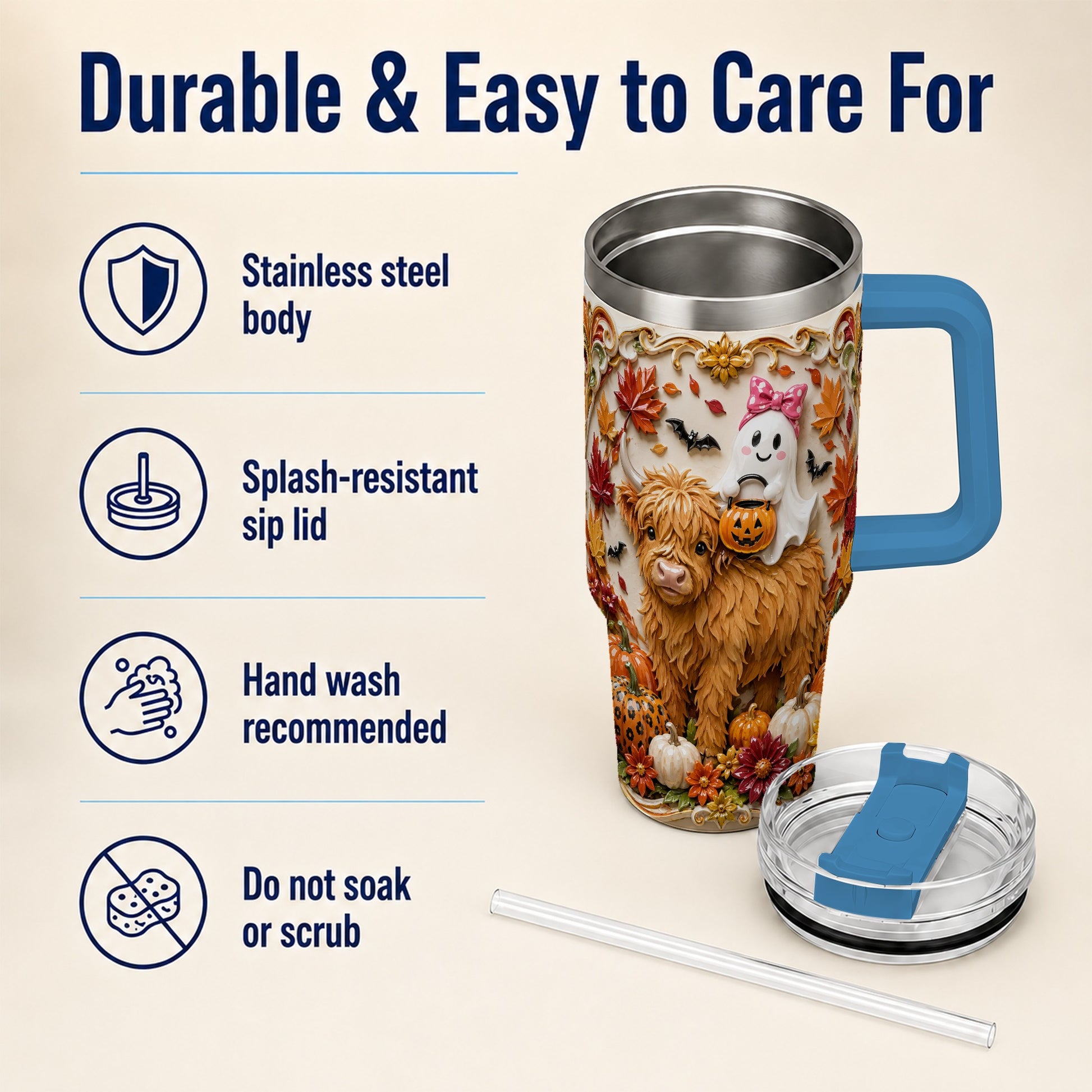 #pl[40oz|Blue] Highland Cow Ghost 40oz Tumbler with Handle, Autumn Pumpkin Travel Cup