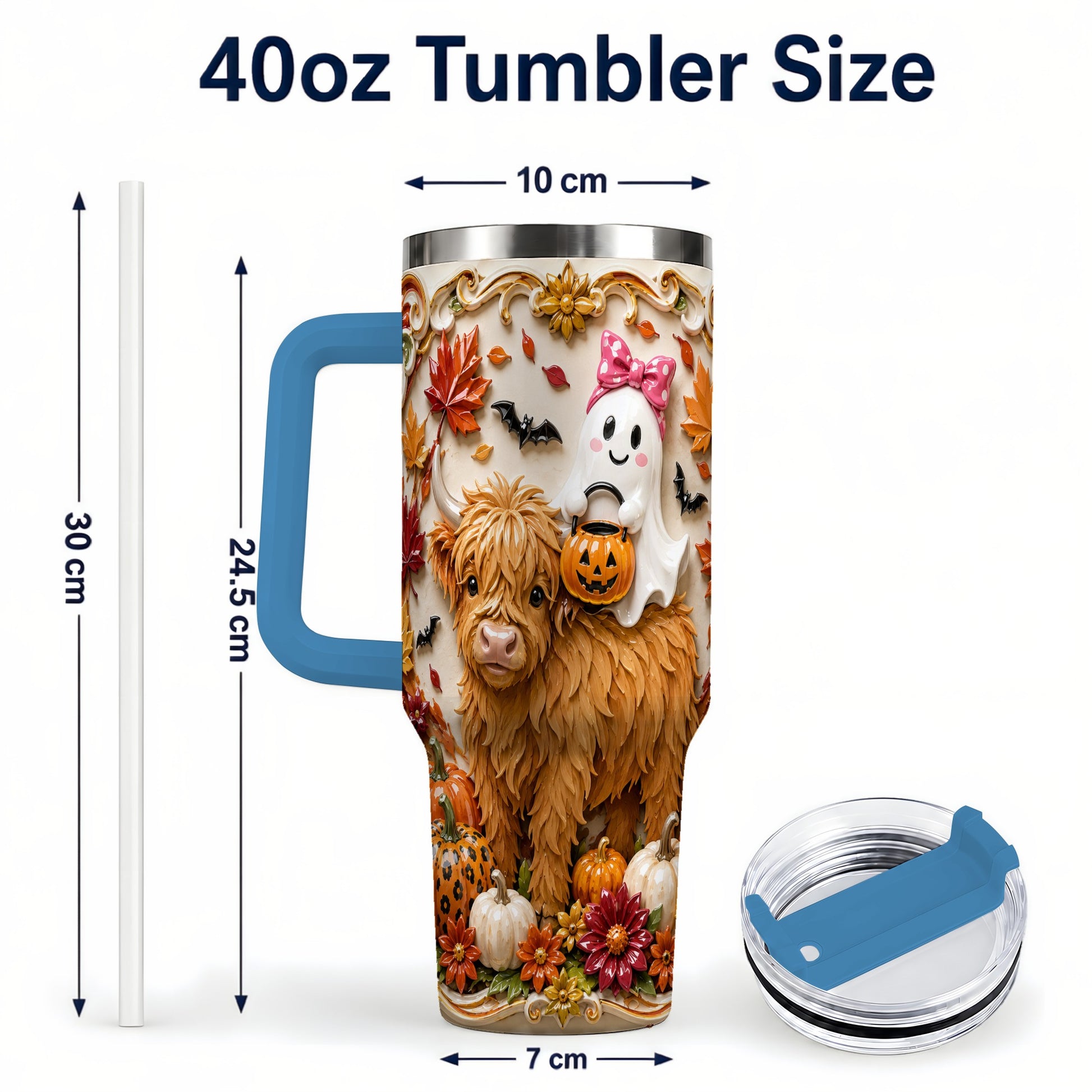 #pl[40oz|Blue] Highland Cow Ghost 40oz Tumbler with Handle, Autumn Pumpkin Travel Cup