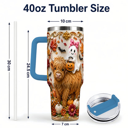 #pl[40oz|Blue] Highland Cow Ghost 40oz Tumbler with Handle, Autumn Pumpkin Travel Cup