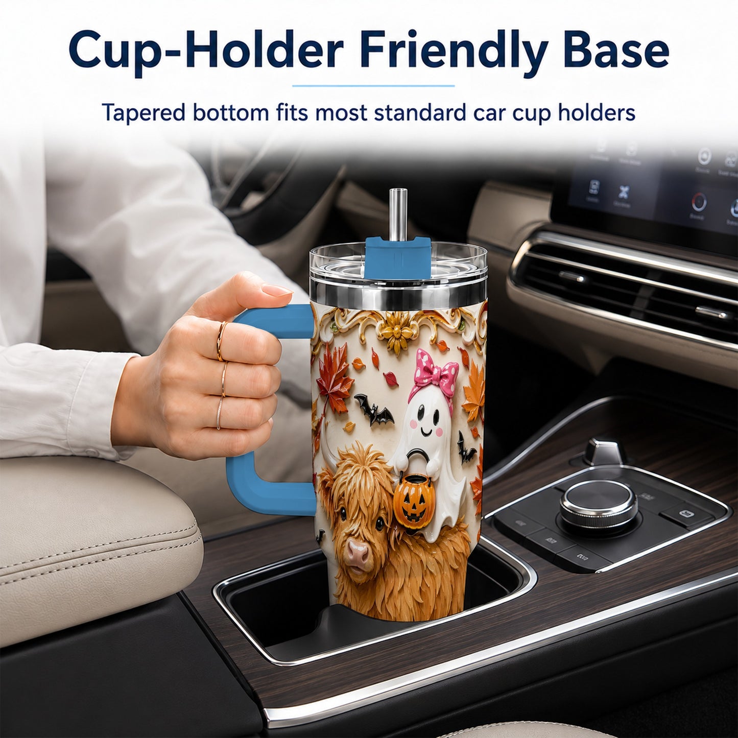 #pl[40oz|Blue] Highland Cow Ghost 40oz Tumbler with Handle, Autumn Pumpkin Travel Cup