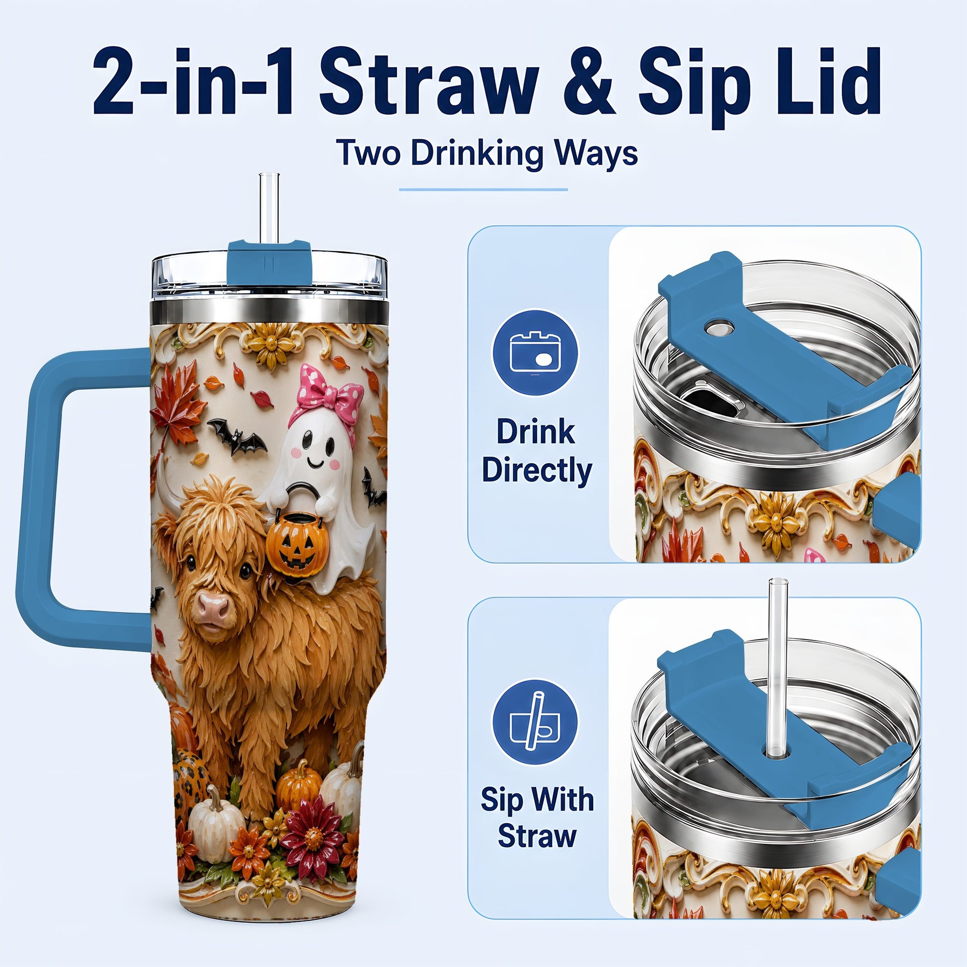 #pl[40oz|Blue] Highland Cow Ghost 40oz Tumbler with Handle, Autumn Pumpkin Travel Cup