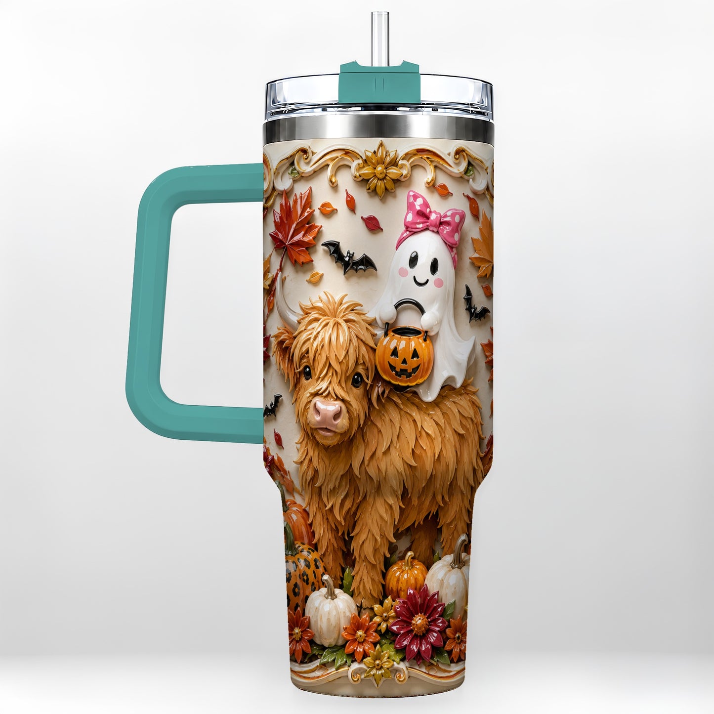 #pl[40oz|Green] Highland Cow Ghost 40oz Tumbler with Handle, Autumn Pumpkin Travel Cup