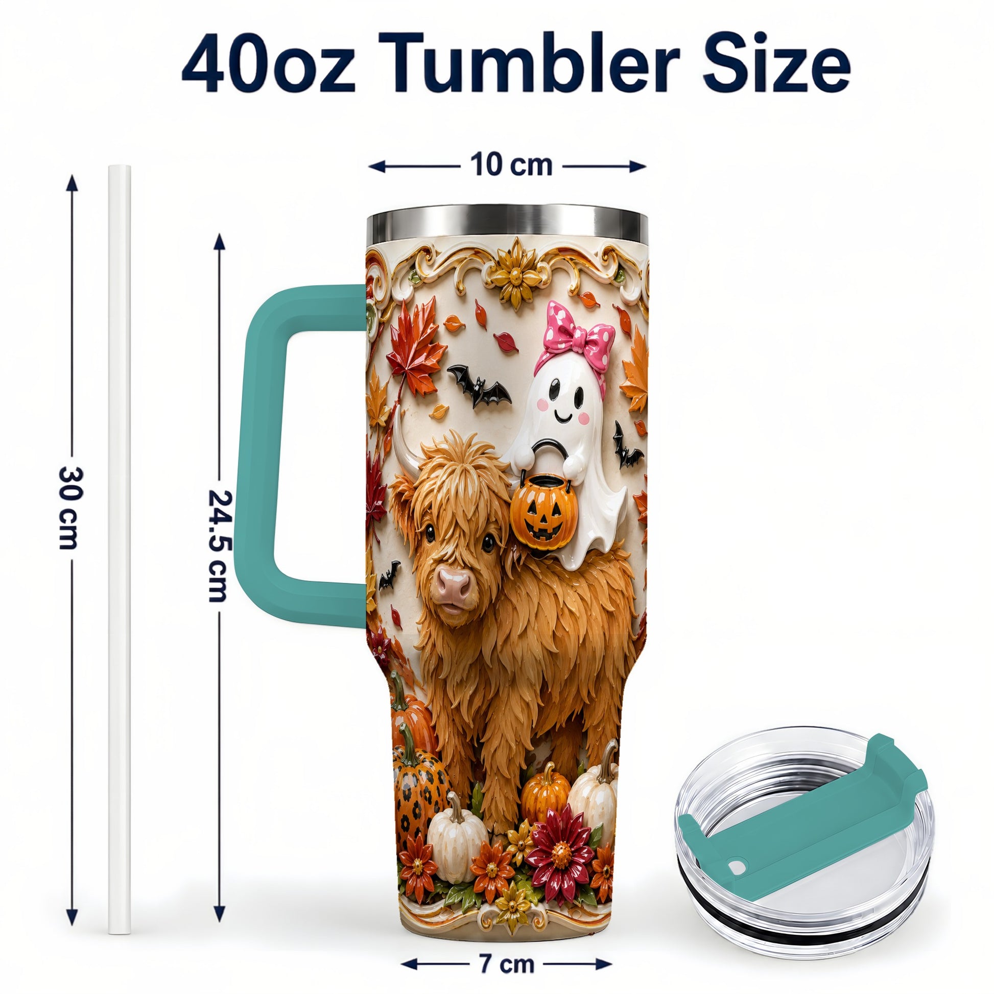 #pl[40oz|Green] Highland Cow Ghost 40oz Tumbler with Handle, Autumn Pumpkin Travel Cup