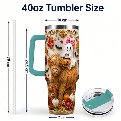 #pl[40oz|Green] Highland Cow Ghost 40oz Tumbler with Handle, Autumn Pumpkin Travel Cup