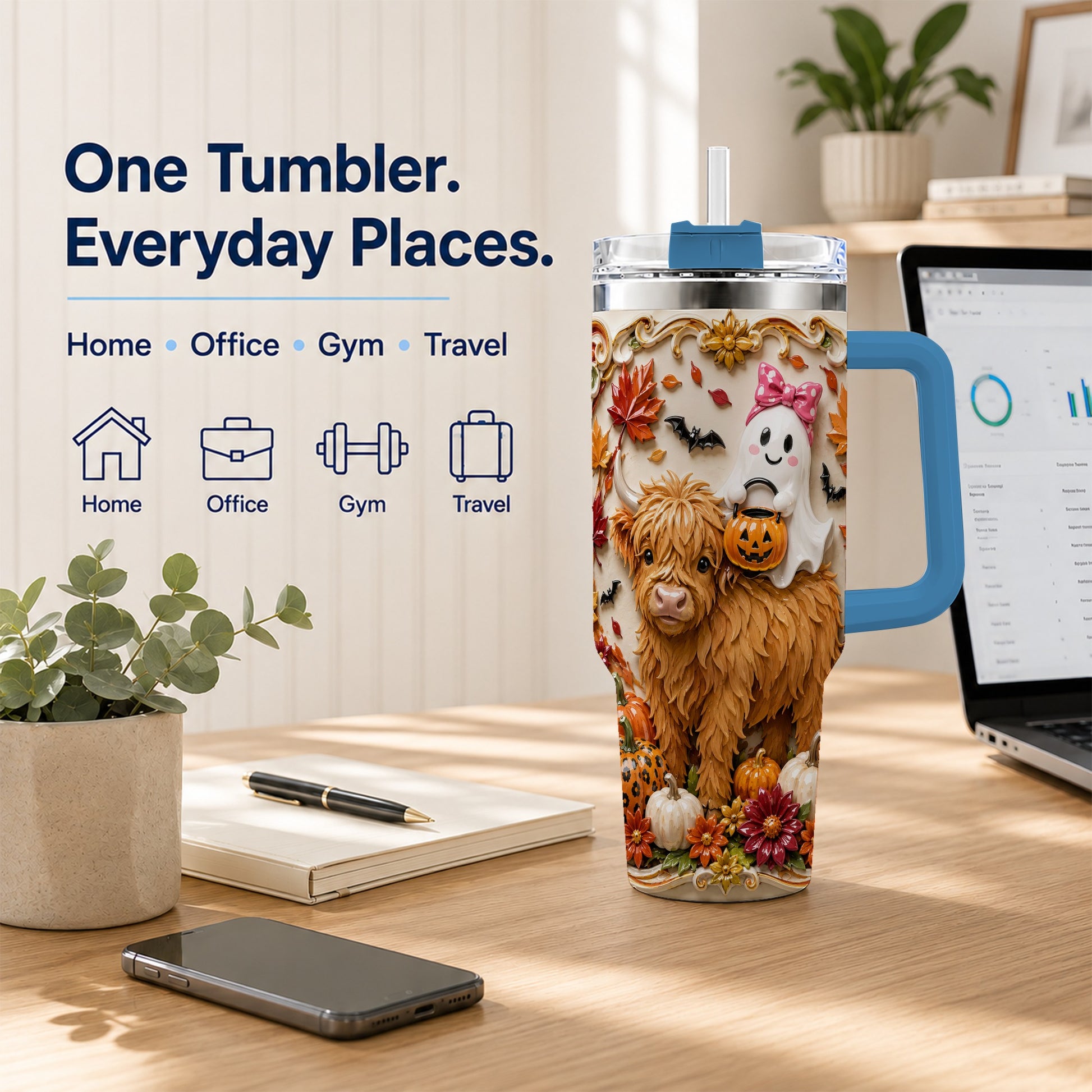 #pl[40oz|Blue] Highland Cow Ghost 40oz Tumbler with Handle, Autumn Pumpkin Travel Cup