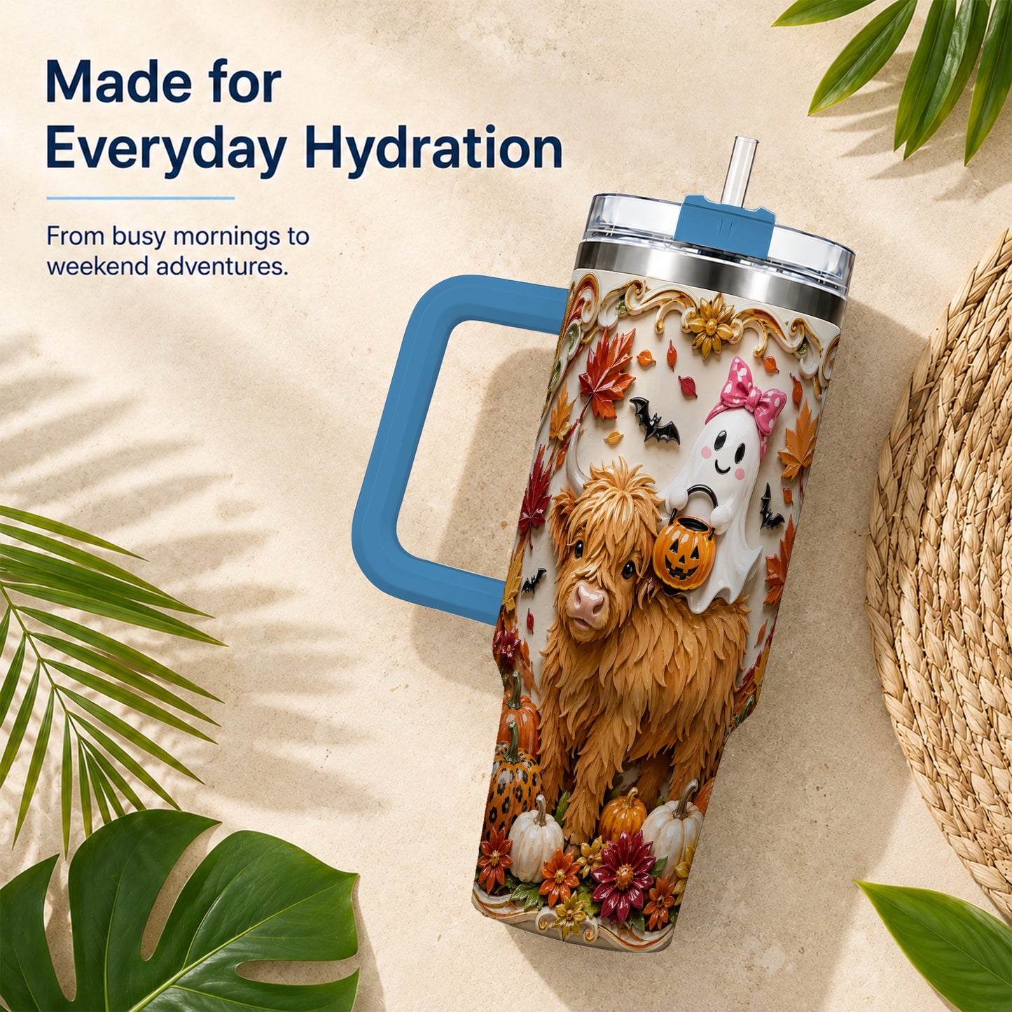 #pl[40oz|Blue] Highland Cow Ghost 40oz Tumbler with Handle, Autumn Pumpkin Travel Cup