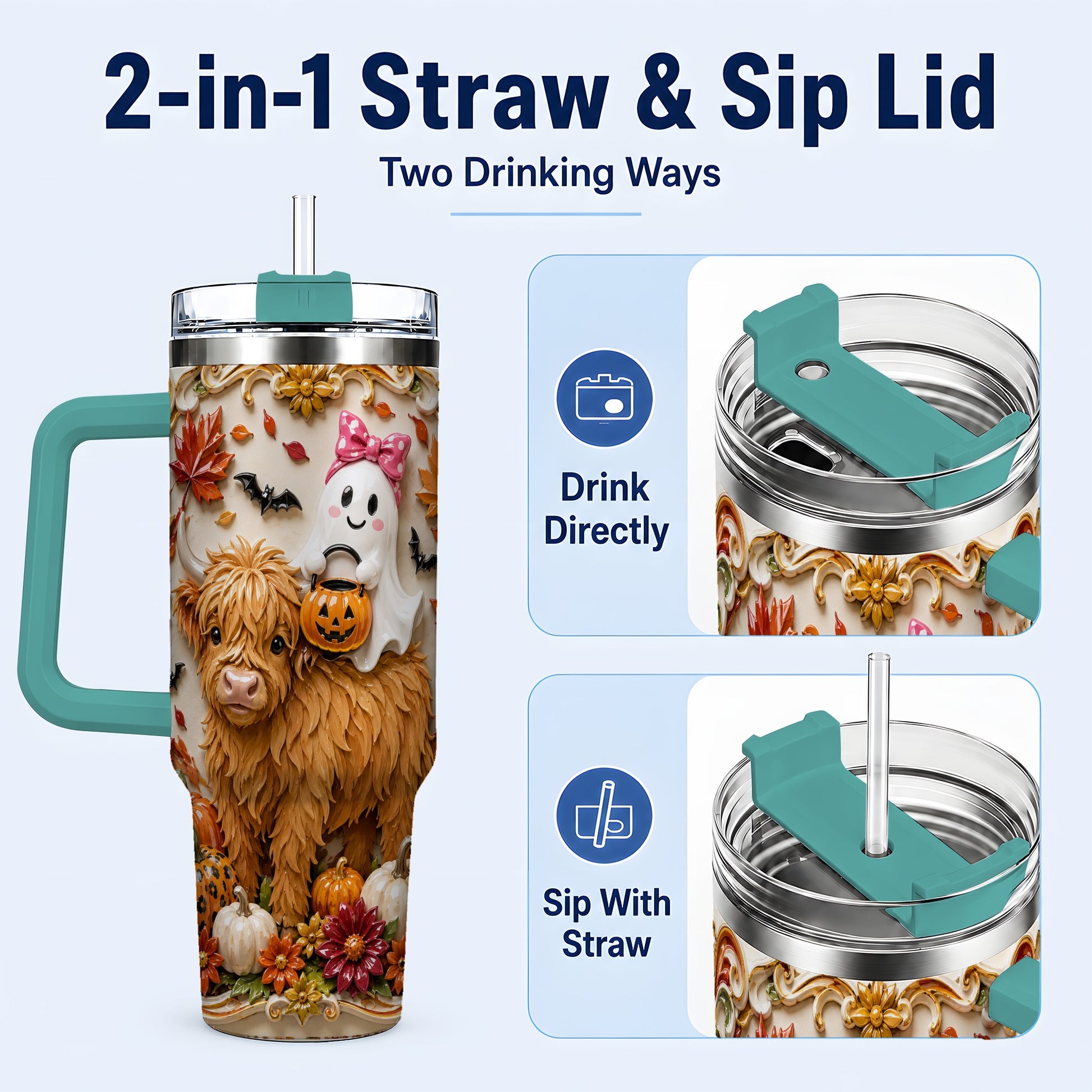#pl[40oz|Green] Highland Cow Ghost 40oz Tumbler with Handle, Autumn Pumpkin Travel Cup