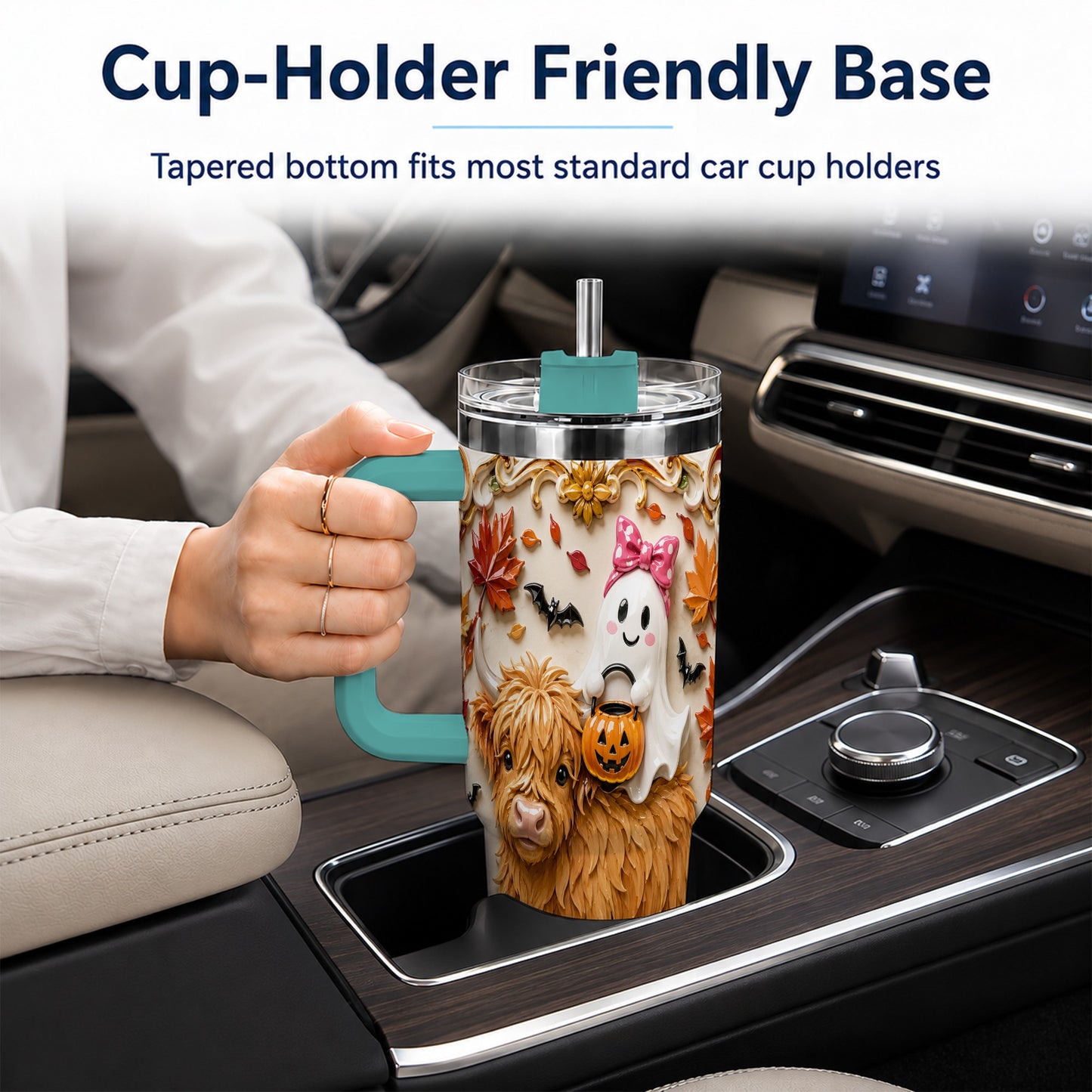#pl[40oz|Green] Highland Cow Ghost 40oz Tumbler with Handle, Autumn Pumpkin Travel Cup
