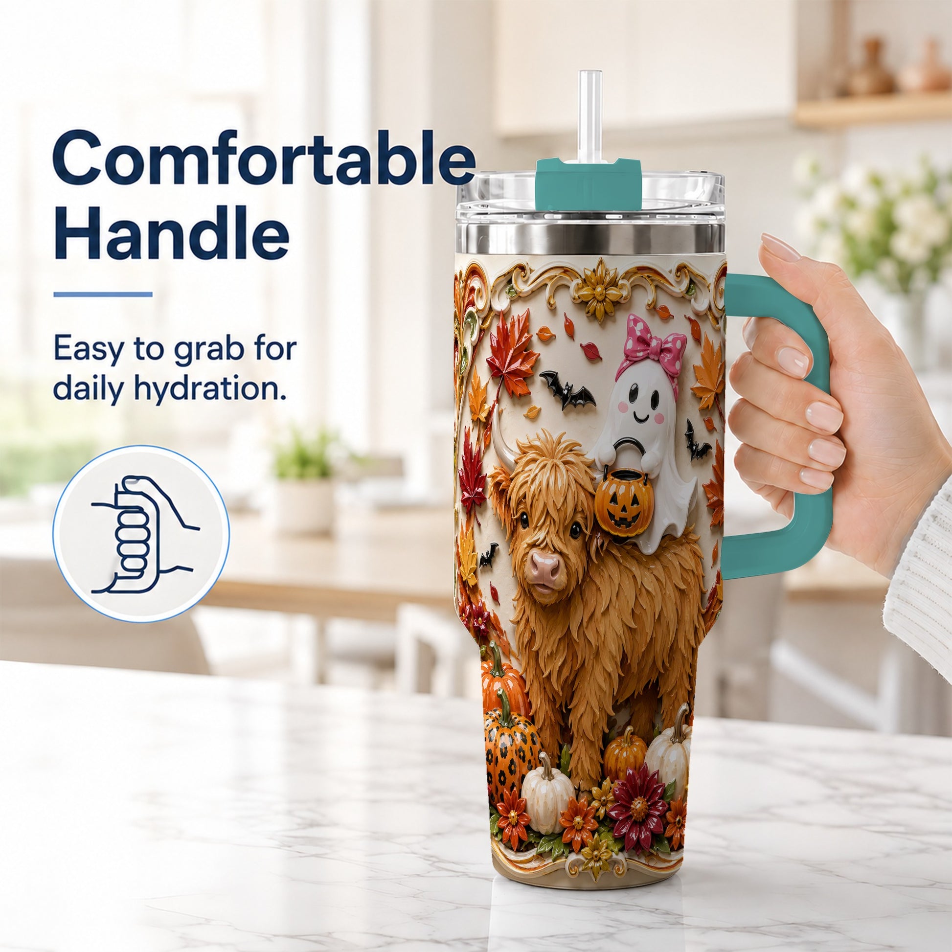 #pl[40oz|Green] Highland Cow Ghost 40oz Tumbler with Handle, Autumn Pumpkin Travel Cup