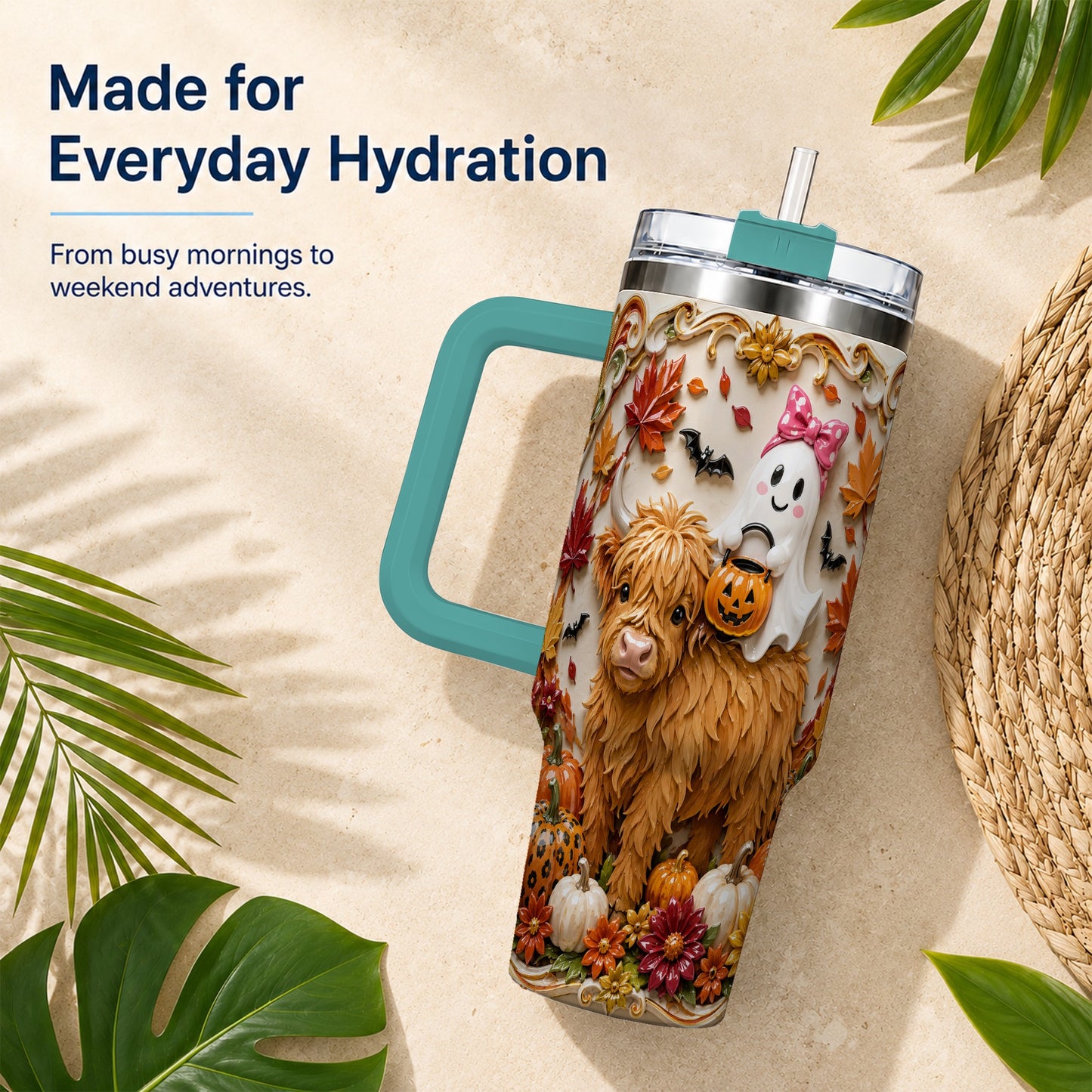 #pl[40oz|Green] Highland Cow Ghost 40oz Tumbler with Handle, Autumn Pumpkin Travel Cup