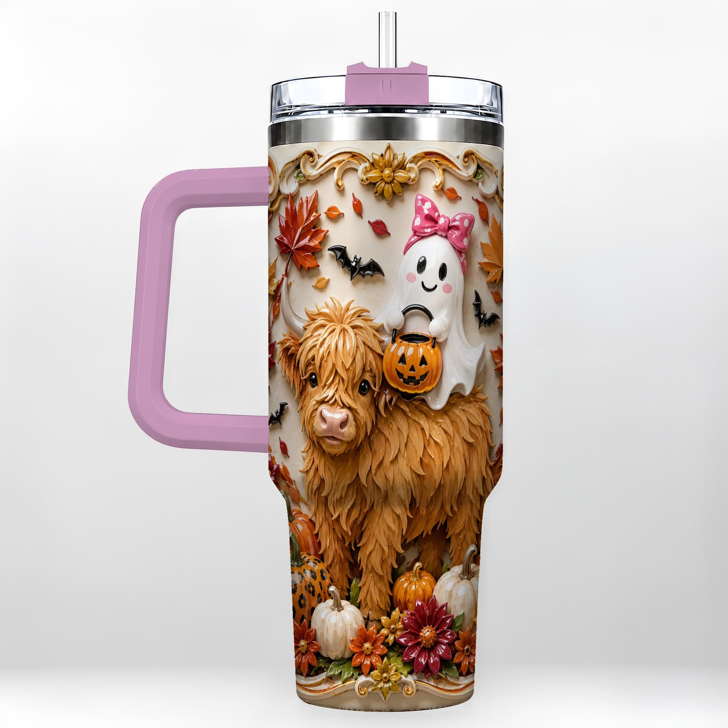 #pl[40oz|Pink] Highland Cow Ghost 40oz Tumbler with Handle, Autumn Pumpkin Travel Cup