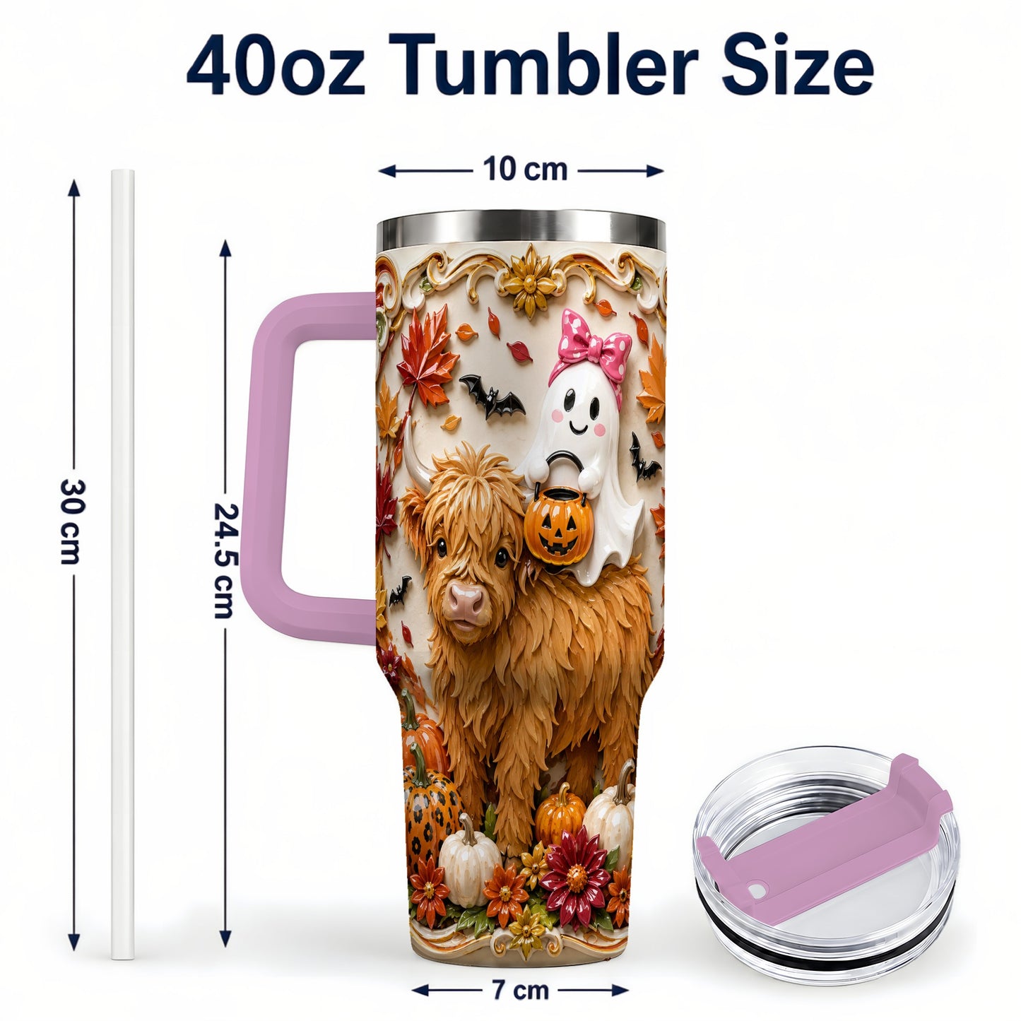 #pl[40oz|Pink] Highland Cow Ghost 40oz Tumbler with Handle, Autumn Pumpkin Travel Cup