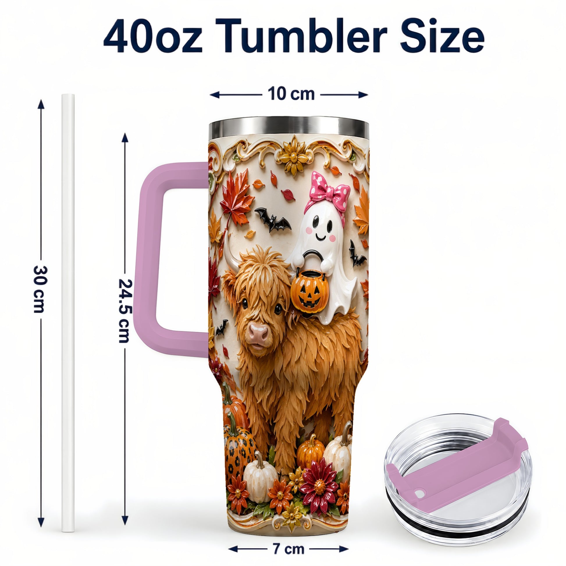 #pl[40oz|Pink] Highland Cow Ghost 40oz Tumbler with Handle, Autumn Pumpkin Travel Cup