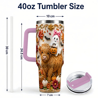 #pl[40oz|Pink] Highland Cow Ghost 40oz Tumbler with Handle, Autumn Pumpkin Travel Cup