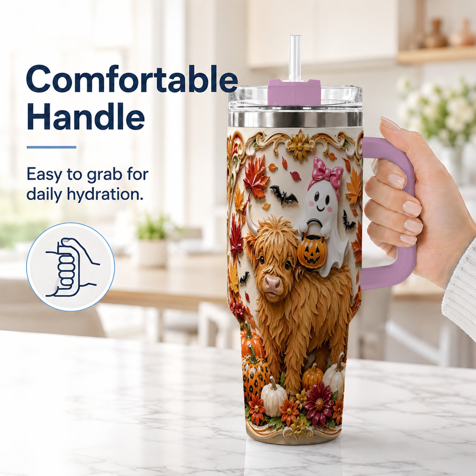 #pl[40oz|Pink] Highland Cow Ghost 40oz Tumbler with Handle, Autumn Pumpkin Travel Cup