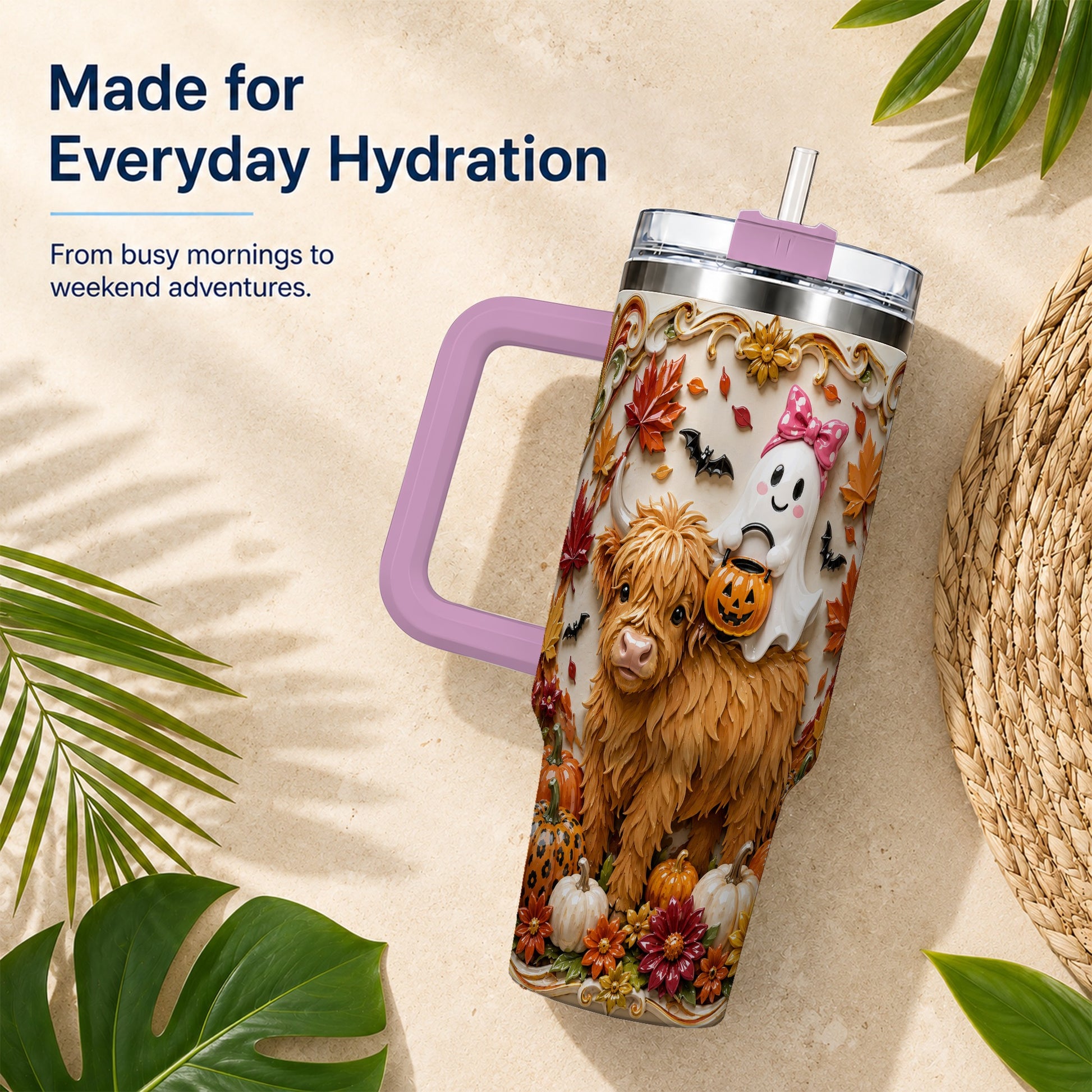 #pl[40oz|Pink] Highland Cow Ghost 40oz Tumbler with Handle, Autumn Pumpkin Travel Cup
