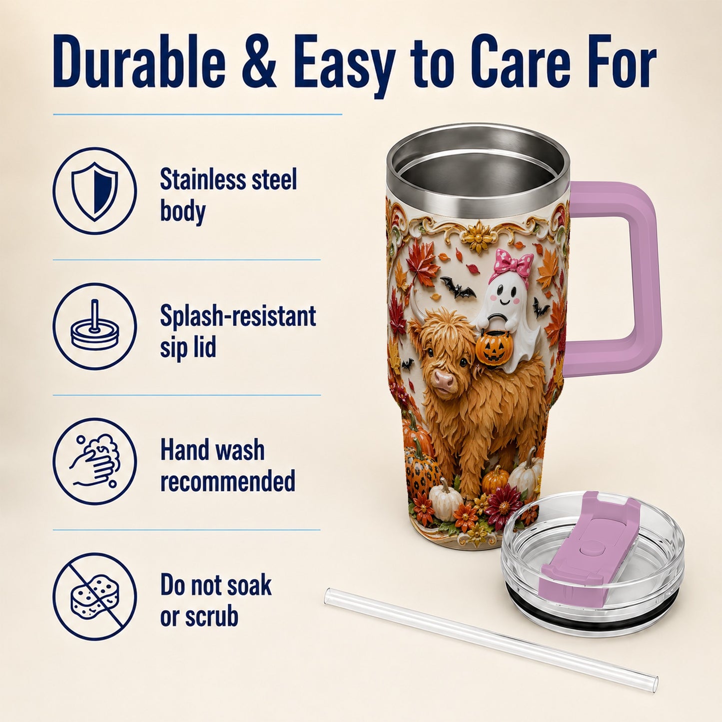 #pl[40oz|Pink] Highland Cow Ghost 40oz Tumbler with Handle, Autumn Pumpkin Travel Cup