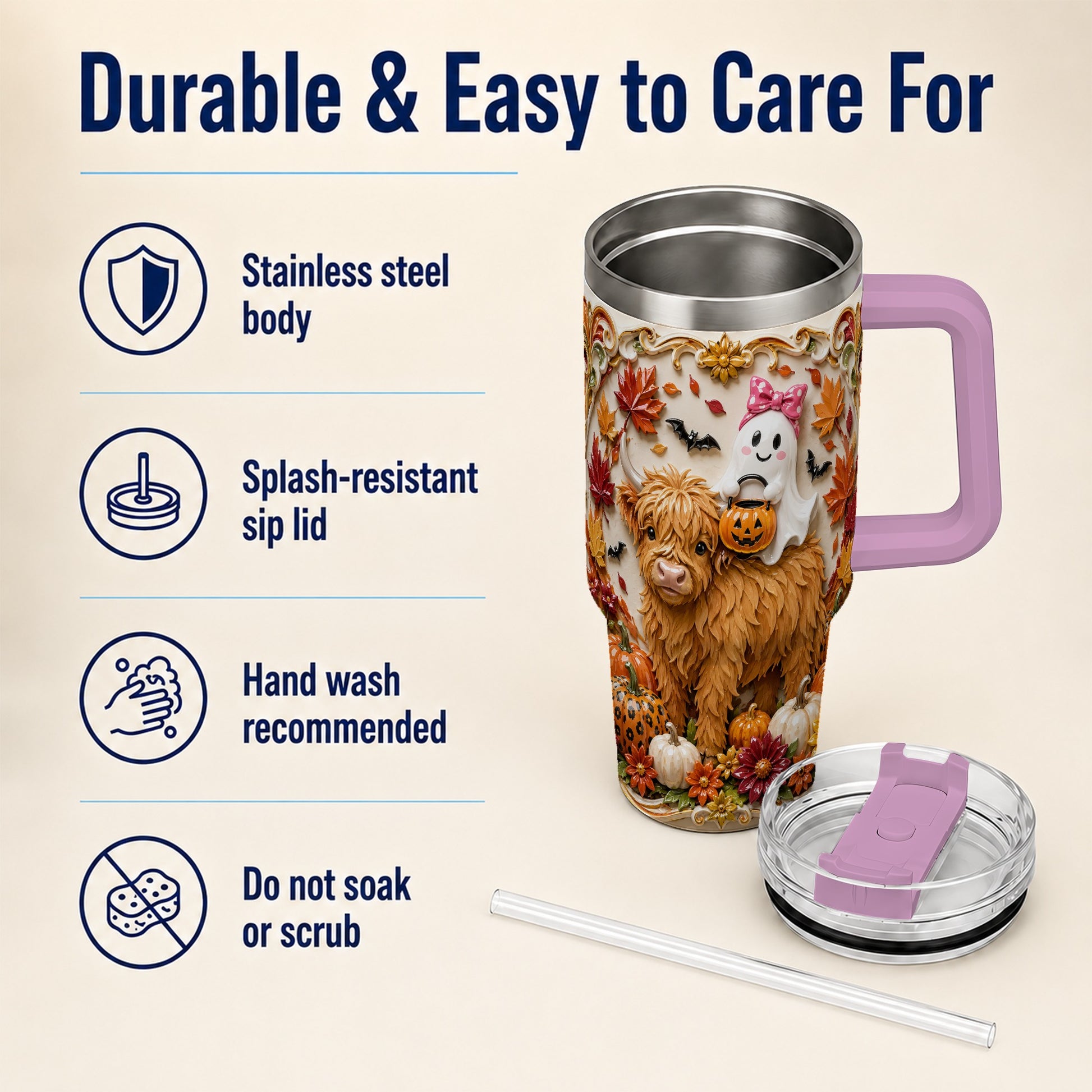 #pl[40oz|Pink] Highland Cow Ghost 40oz Tumbler with Handle, Autumn Pumpkin Travel Cup