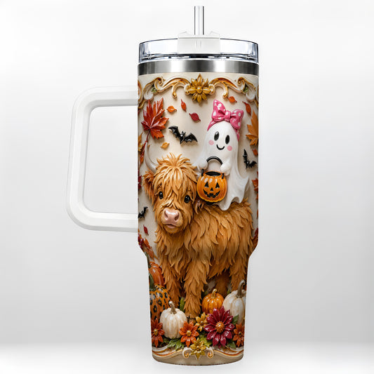 #pl[40oz|White] Highland Cow Ghost 40oz Tumbler with Handle, Autumn Pumpkin Travel Cup