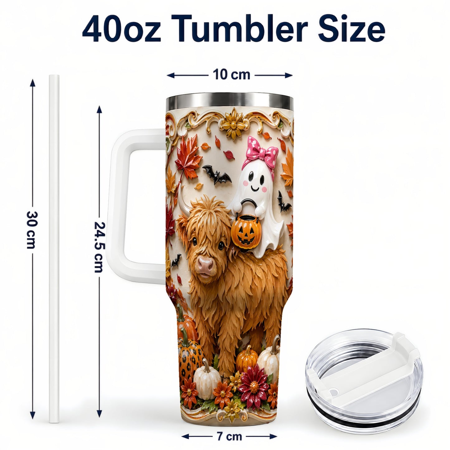 #pl[40oz|White] Highland Cow Ghost 40oz Tumbler with Handle, Autumn Pumpkin Travel Cup