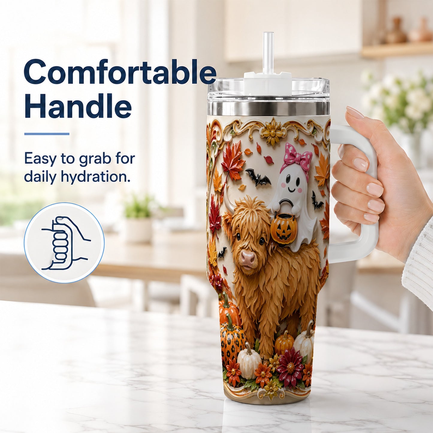 #pl[40oz|White] Highland Cow Ghost 40oz Tumbler with Handle, Autumn Pumpkin Travel Cup