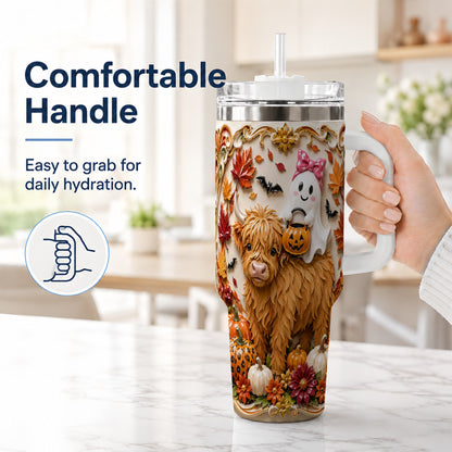 #pl[40oz|White] Highland Cow Ghost 40oz Tumbler with Handle, Autumn Pumpkin Travel Cup