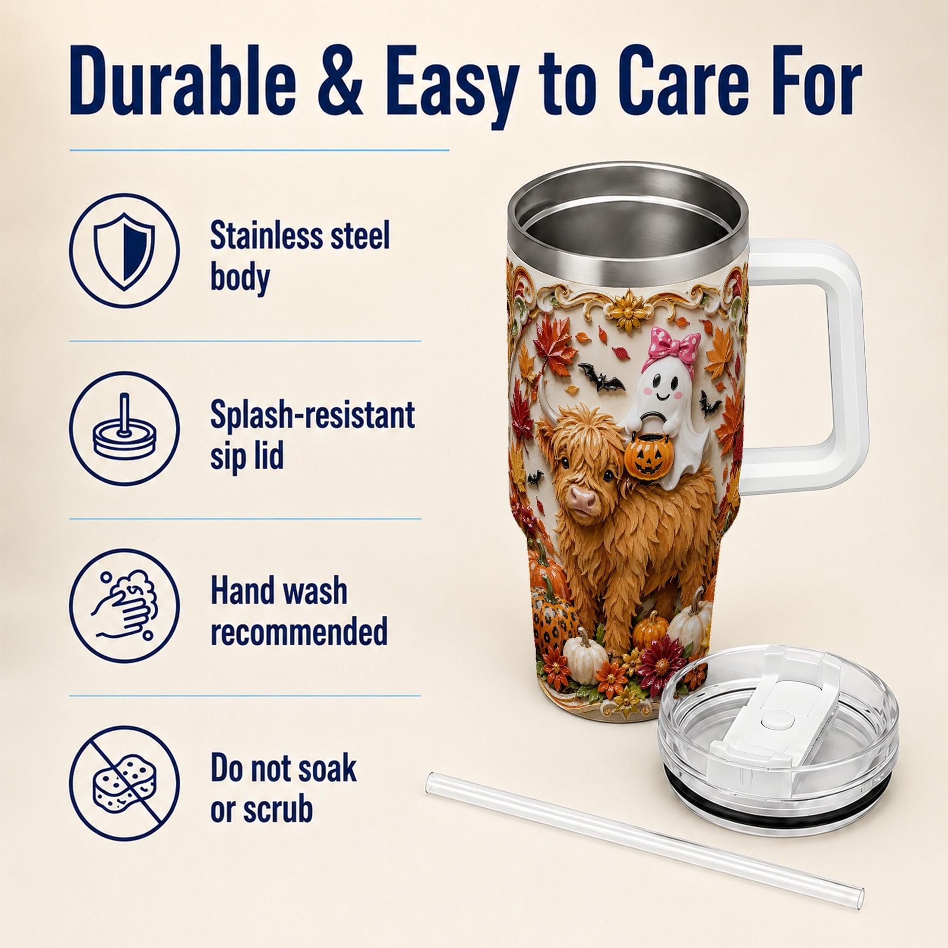 #pl[40oz|White] Highland Cow Ghost 40oz Tumbler with Handle, Autumn Pumpkin Travel Cup