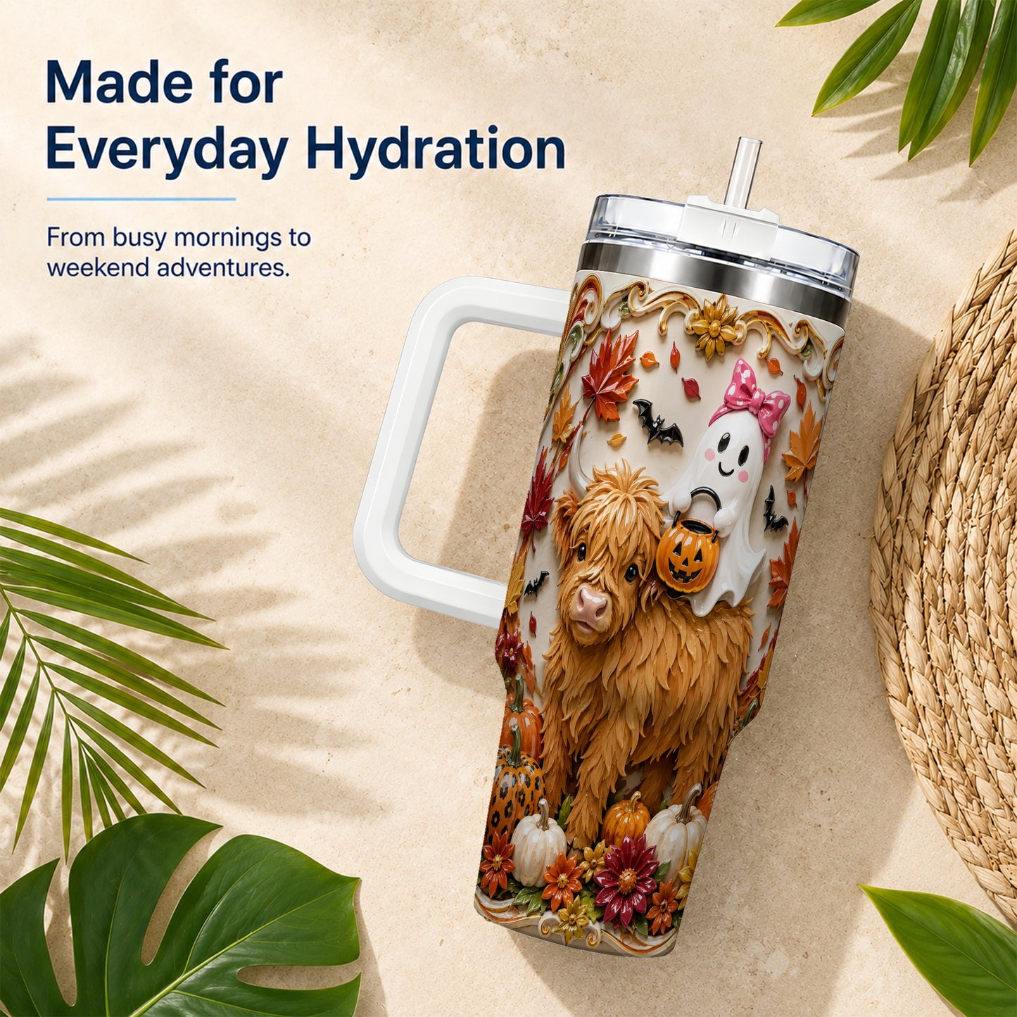 #pl[40oz|White] Highland Cow Ghost 40oz Tumbler with Handle, Autumn Pumpkin Travel Cup