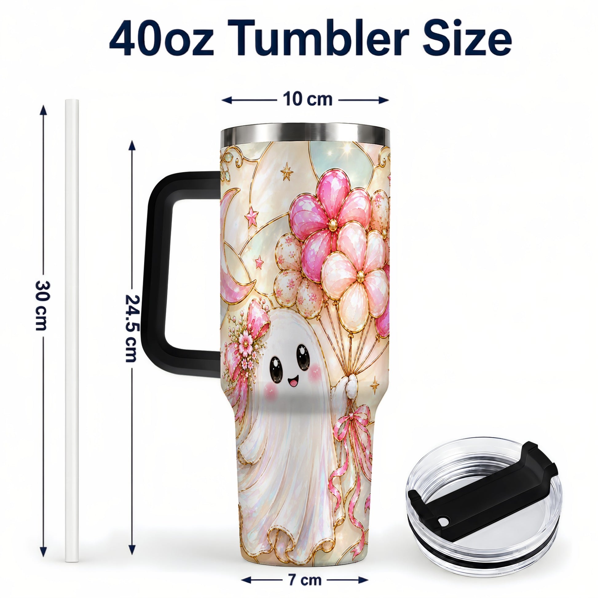 #pl[40oz|Black] Pink Floral Ghost 40oz Tumbler with Handle, Pastel Halloween Travel Cup