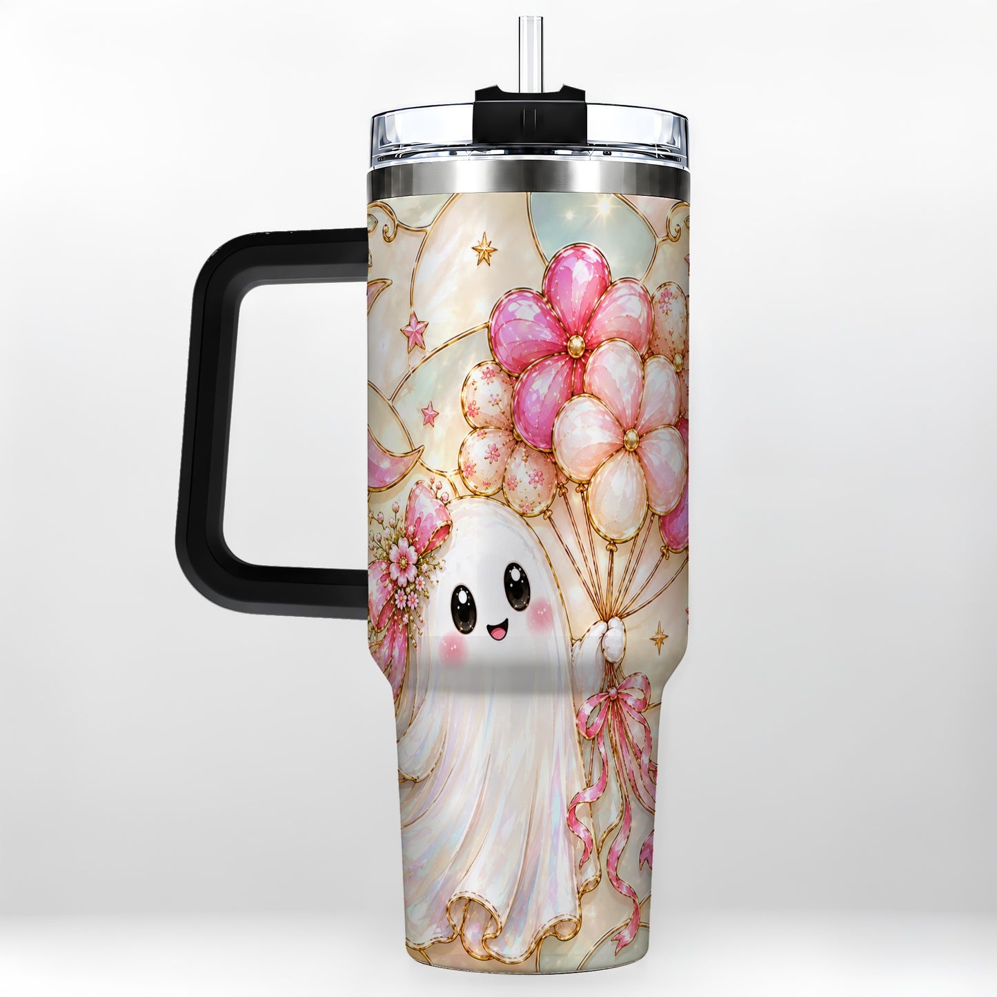 #pl[40oz|Black] Pink Floral Ghost 40oz Tumbler with Handle, Pastel Halloween Travel Cup