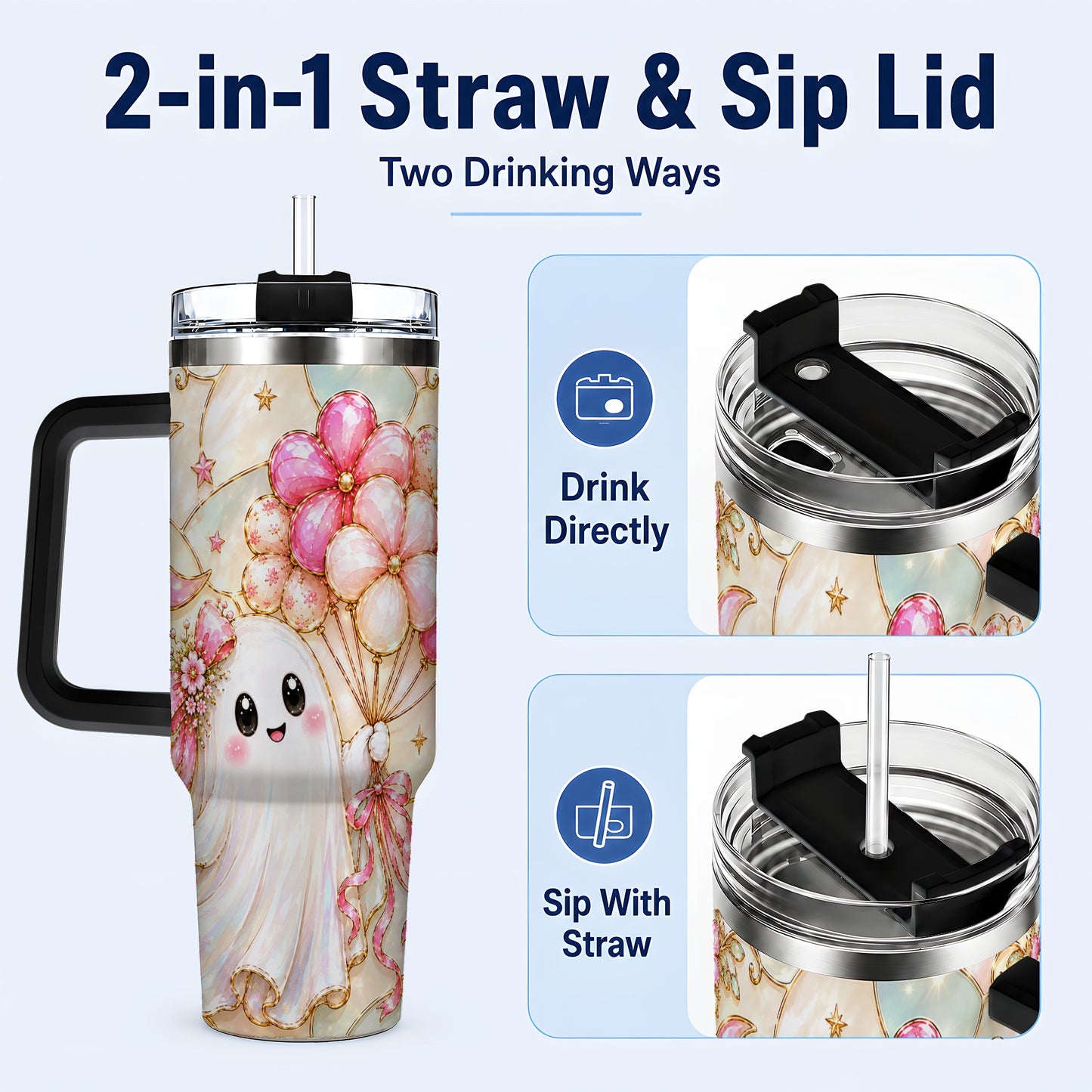 #pl[40oz|Black] Pink Floral Ghost 40oz Tumbler with Handle, Pastel Halloween Travel Cup